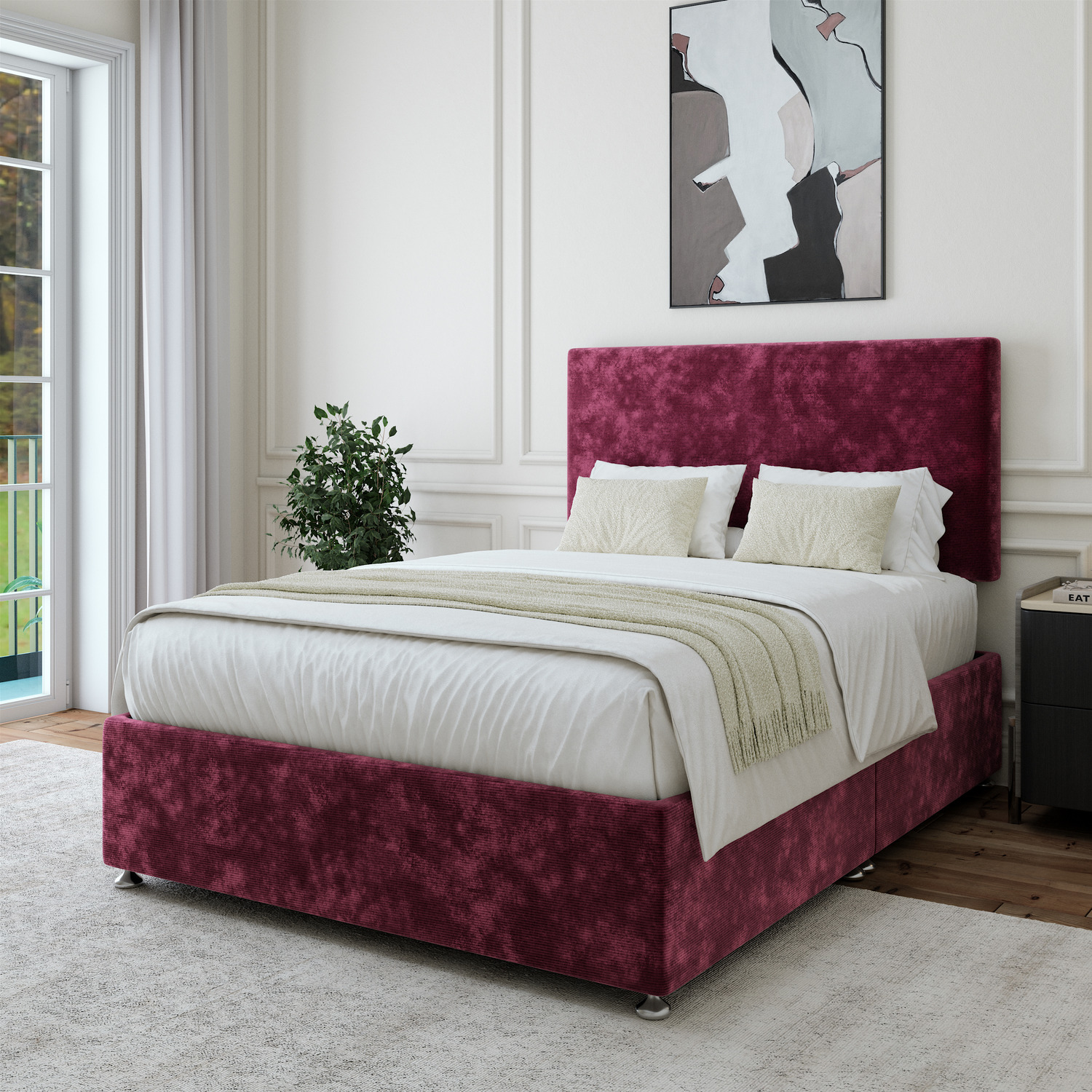 Chenille Divan Base With Storage And Plain Headboard - Colour Options - Aubergine Superking 40kg