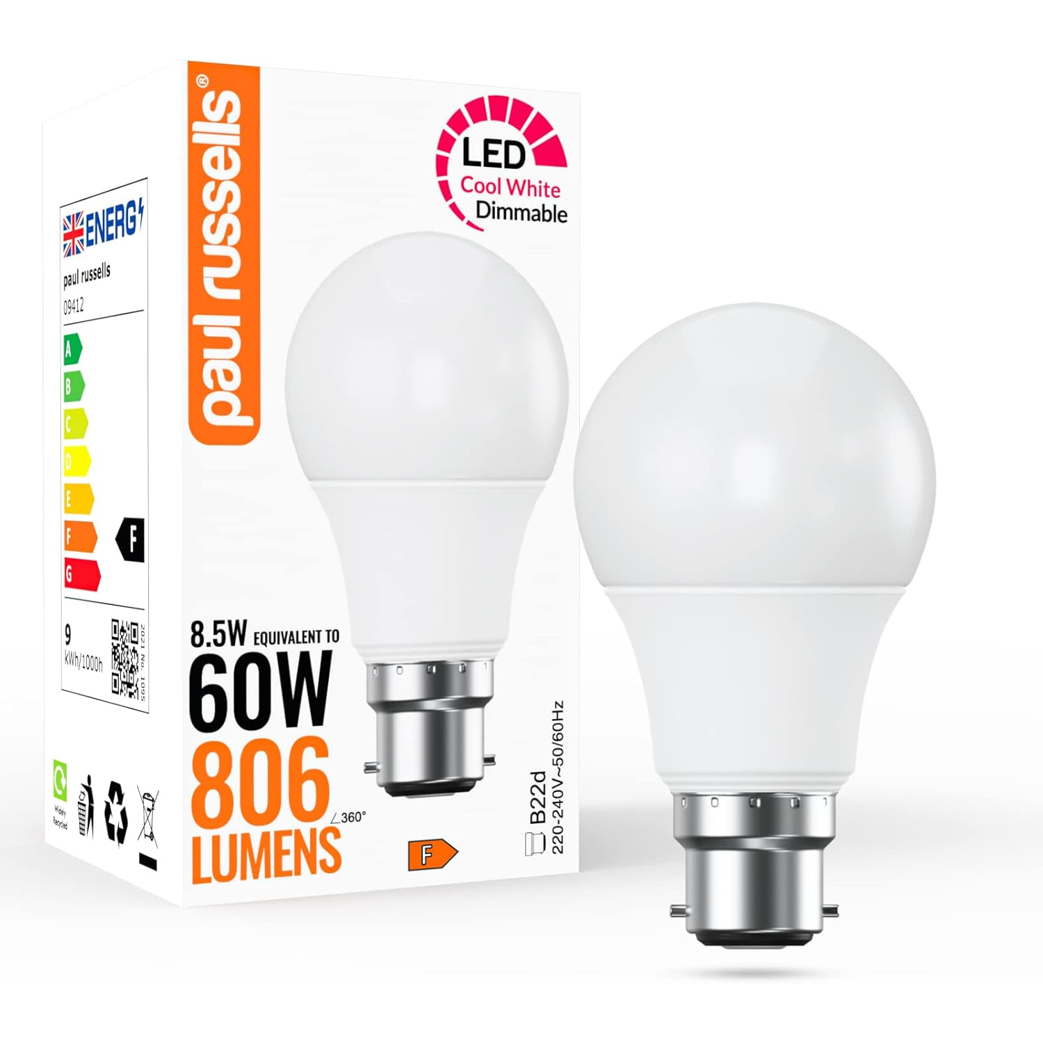 Image of 8.5W LED GLS Dimmable,B22, 806lm, 4000K&hellip;