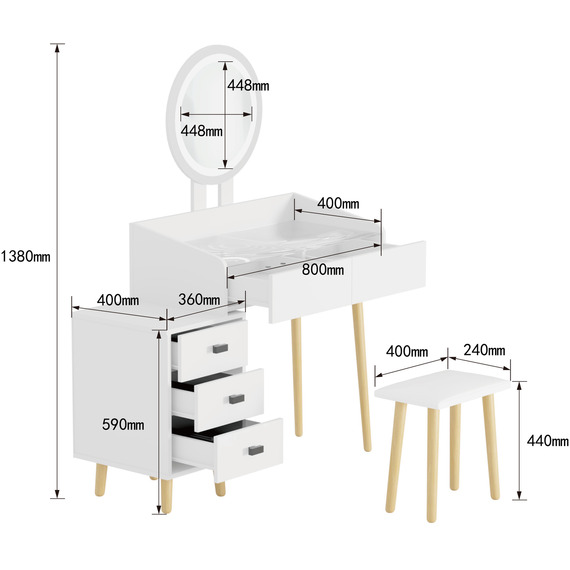 Nova Dressing Table with 3 Drawer Unit, LED Touch Mirror and Stool  