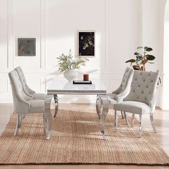 Skye Rectangle White Marble Effect Dining Table  4 Grey Velvet Belgravia Chairs