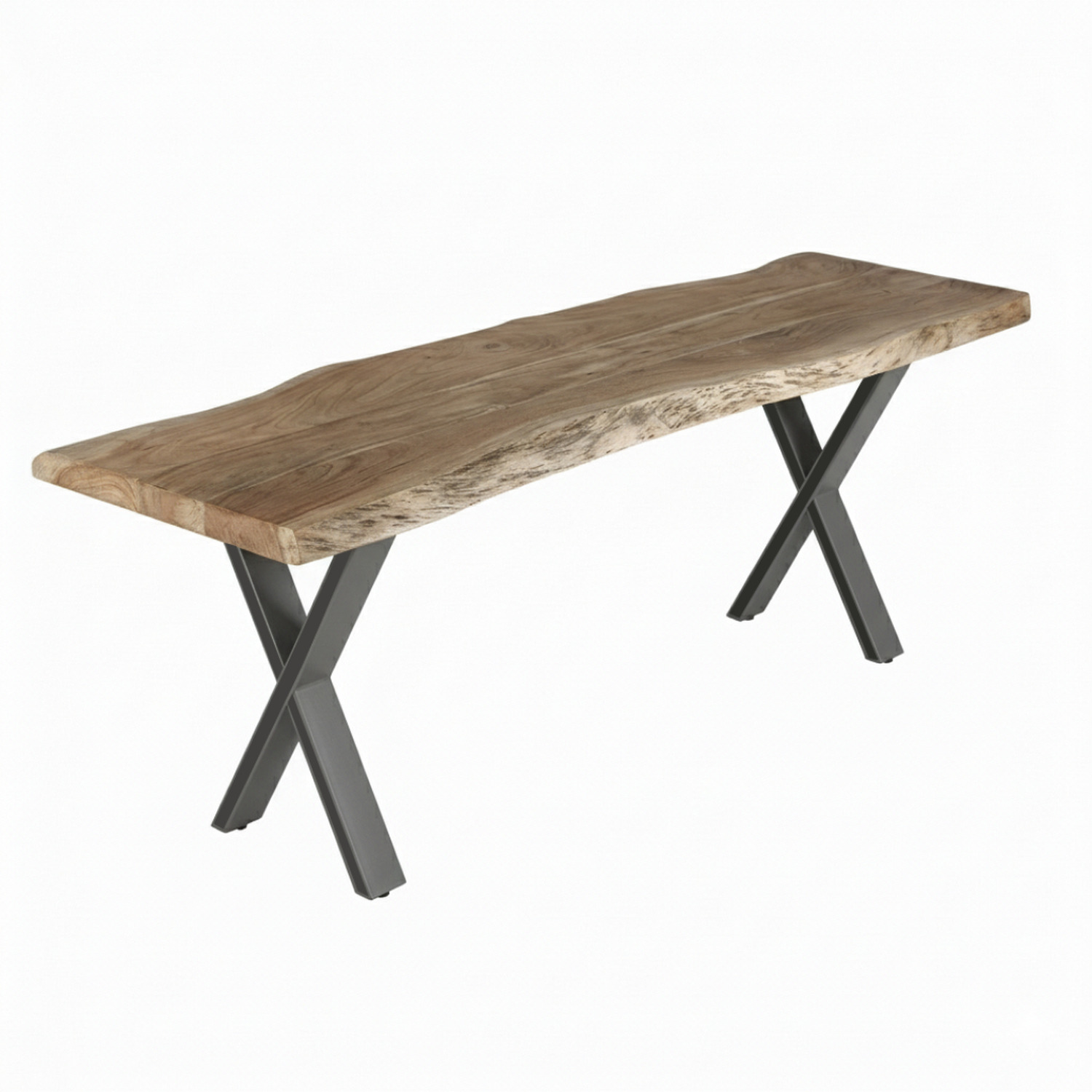 Acacia Live Edge Dining Bench With X Shape Grey Metal Legs 125cm - Tan