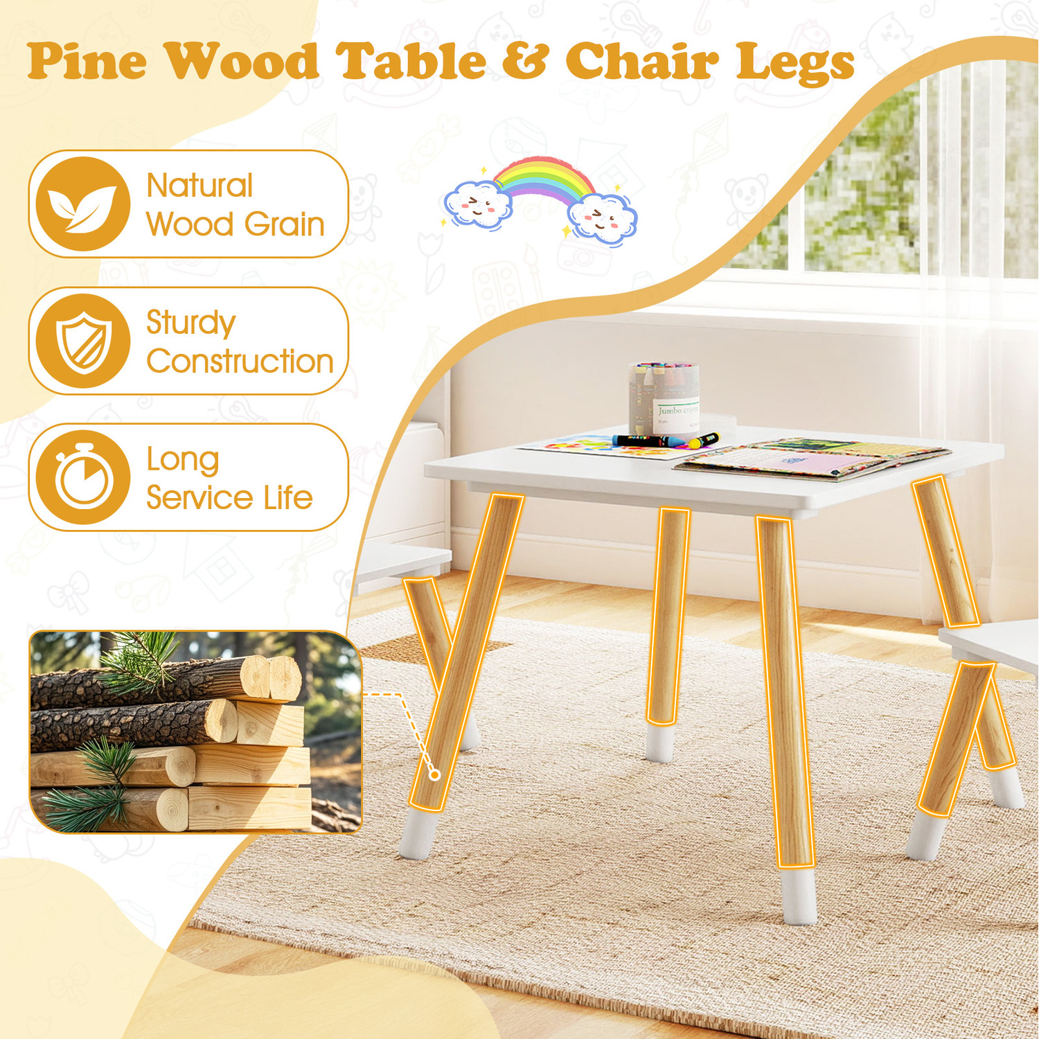3 Pcs Kids Wooden Table And Chair Set - White