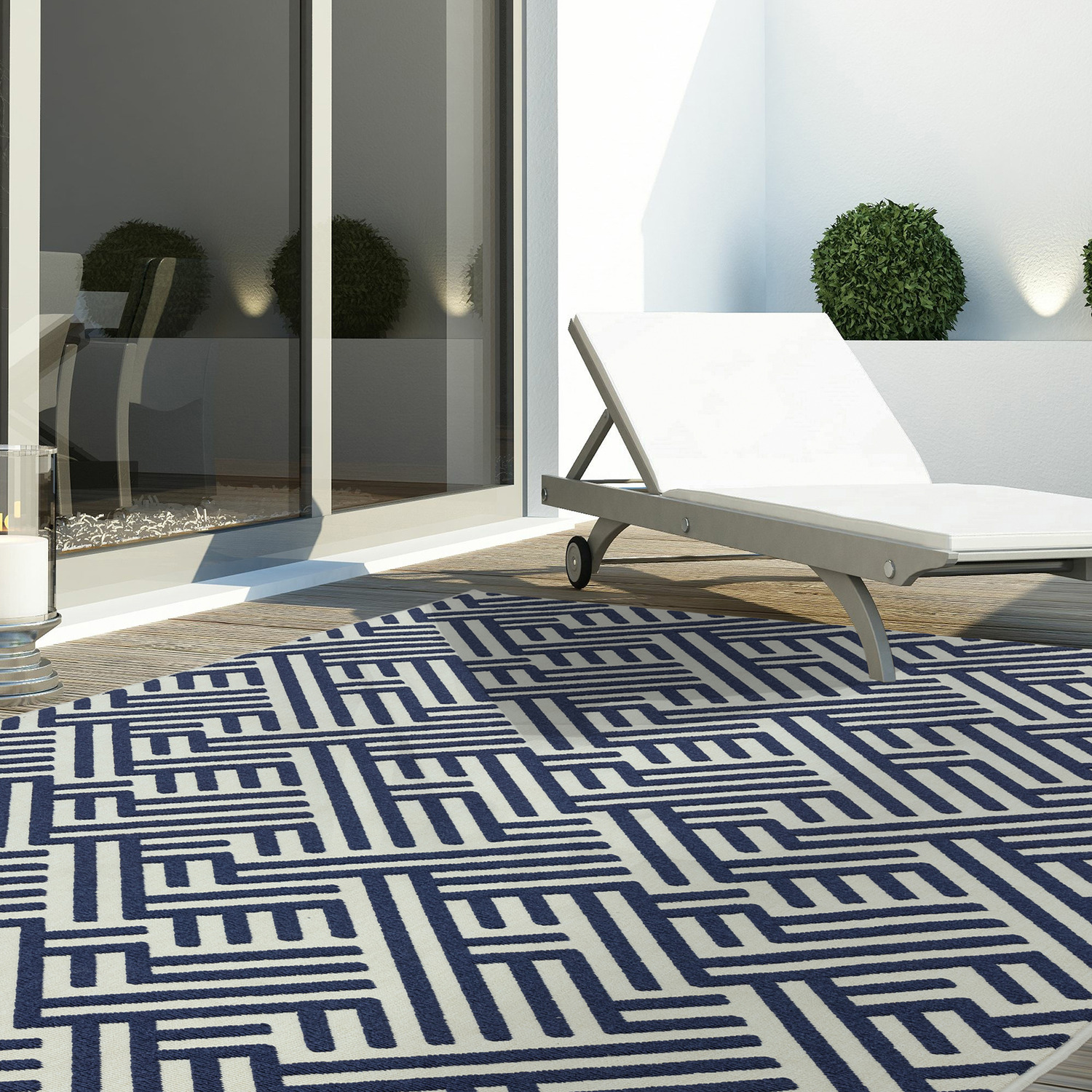 Blue White Linear Washable Indoor Outdoor Antibes Area Rug - Blue / 200 x 290cm
