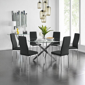 Novara Chrome Metal  Glass Large Round Dining Table  6 Milan Chairs Set