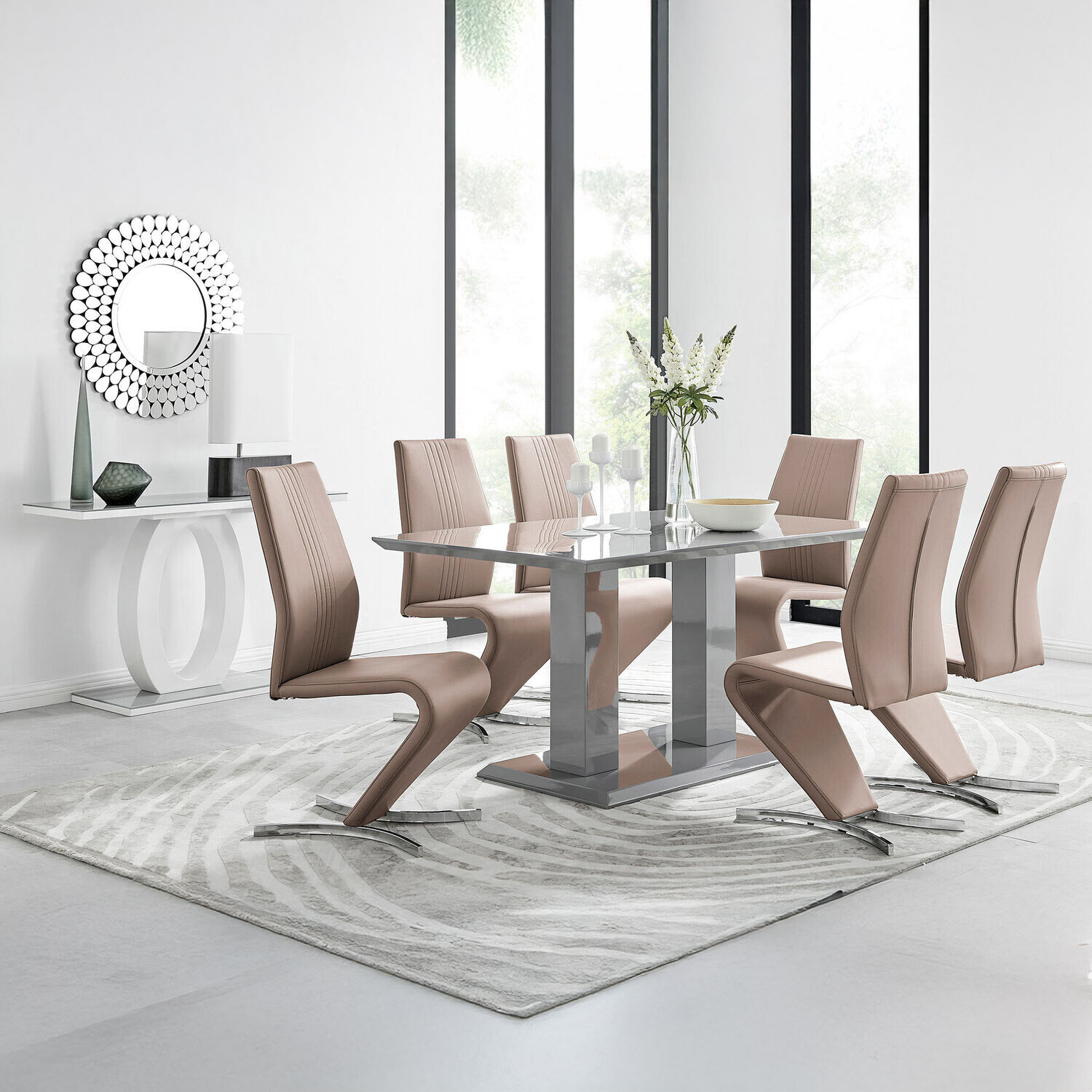 Imperia Grey High Gloss Dining Table with 6 Willow Chairs - Cappuccino