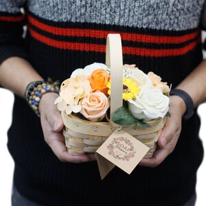 Vibrant Medium Orange Bouquet in Wicker Basket Fragrant Hand Soap Flowers