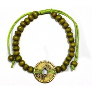 Good Luck Feng Shui Bracelets - Lime Green Wooden Beads  Fortune Coins