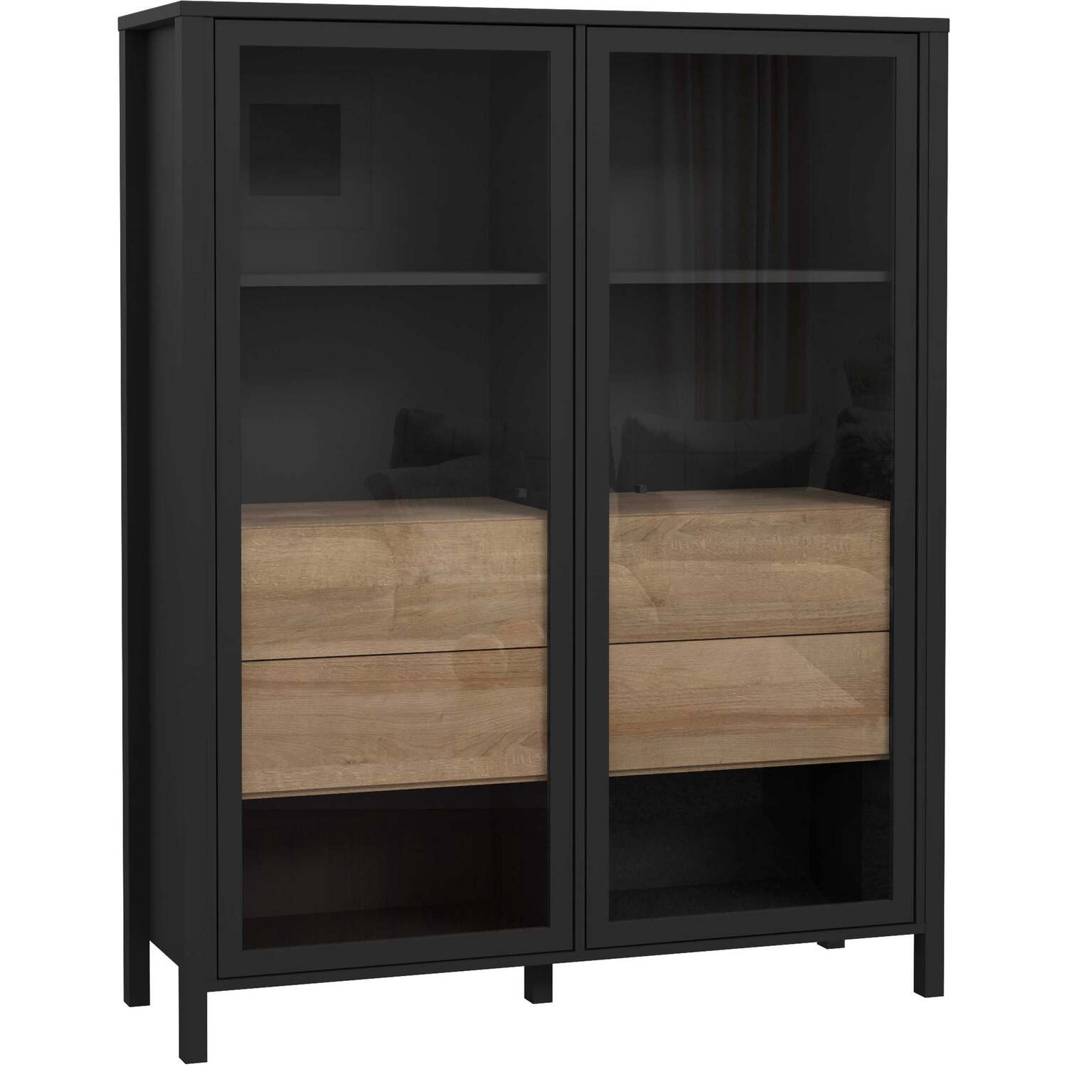 Egtved Large Wide Display Cabinet, Oak-Effect and Black, 2 Glazed Doors 4 Drawers - Oak-effect
