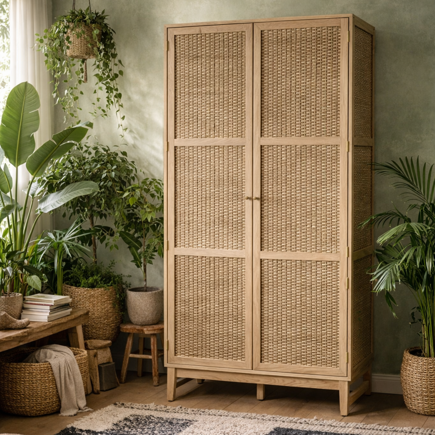 Waterford Oak and Rattan 2-Door Wardrobe, Matt Finish - Natural