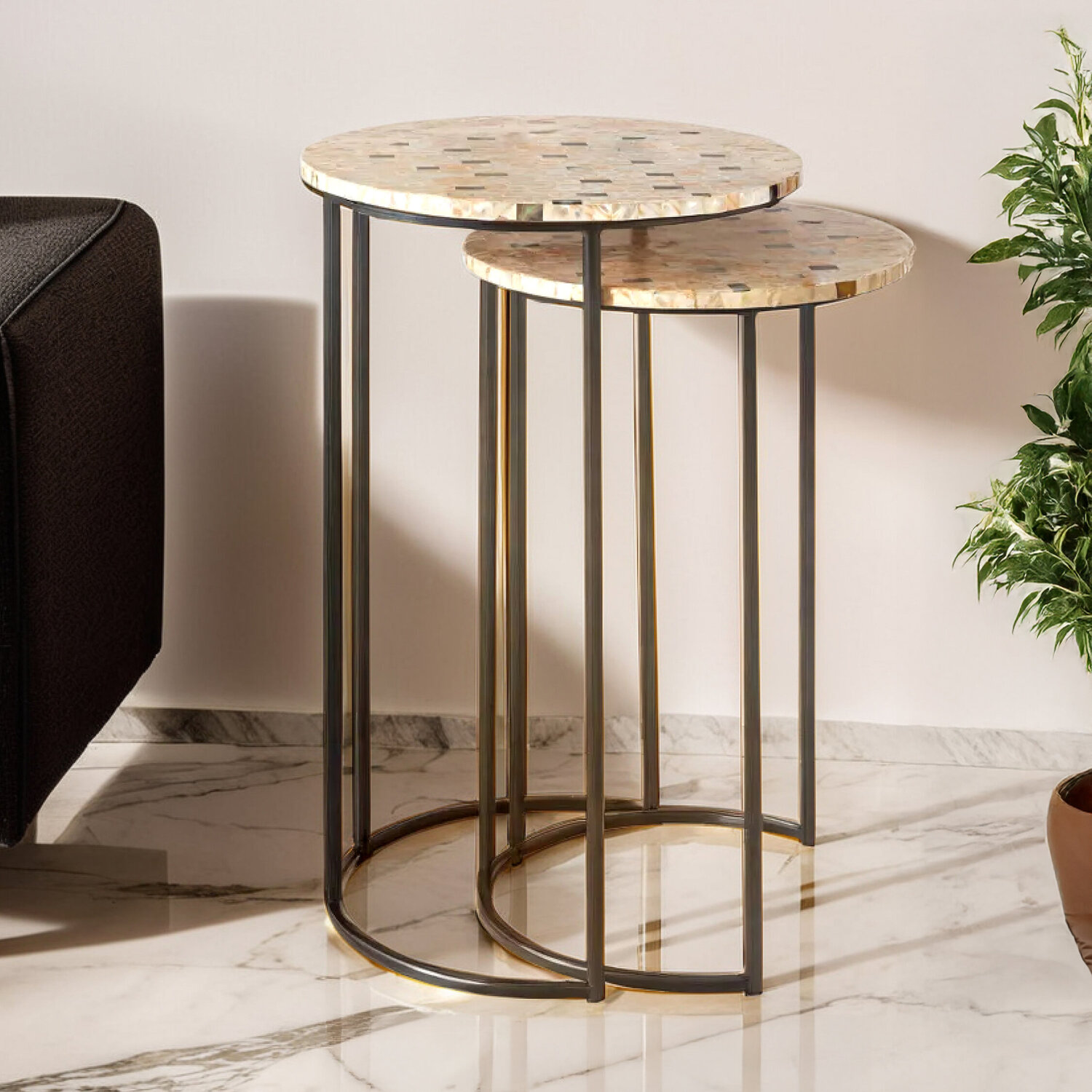 Halle Set of Two Mother Of Pearl Nesting Side Tables - Neutral
