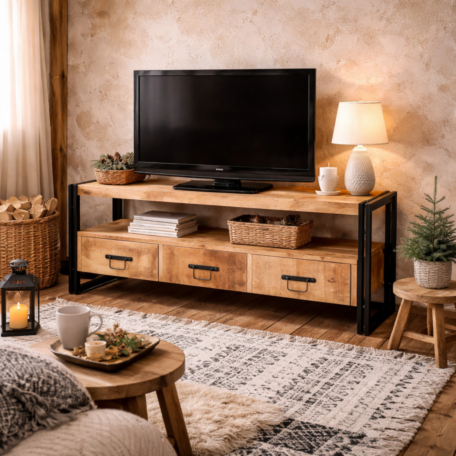 Toivakka Industrial Reclaimed Wood and Metal TV Unit 3 Drawers - Brown