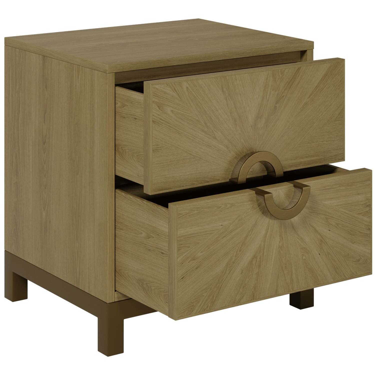 Ferrara Natural Sunburst Bedside Table 2 Drawers Brushed Gold Ring - Brown