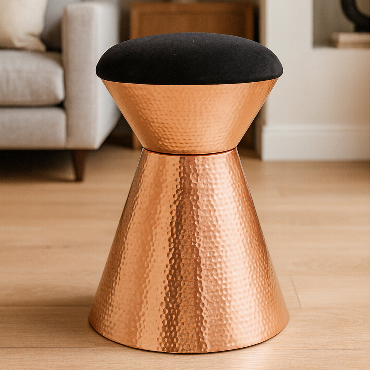 Jaipur Black Velvet And Copper Finish Stool - Gold
