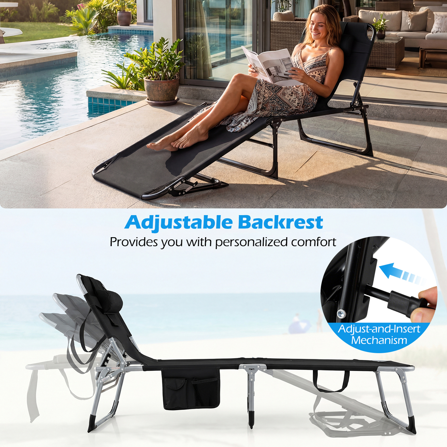 Folding Chaise Lounge Beach Chair - Black