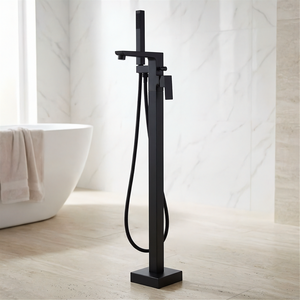 Freestanding Black Bath Tap Rectangle Shaped Bathtub Tall Faucet Shower Mixer