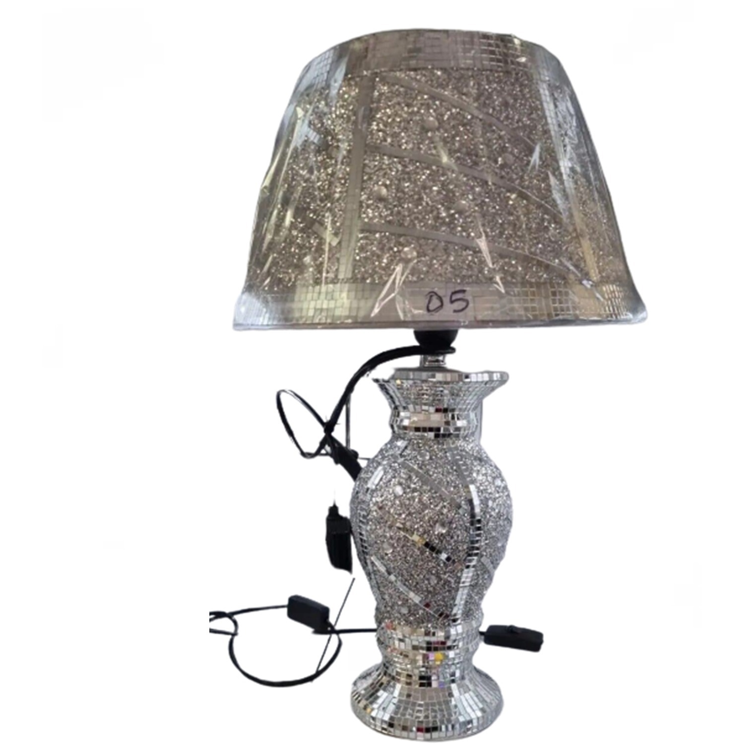 Crushed Diamond Silver Led Vase Lamp glitter Table Lamp Shade Circle Design - Silver