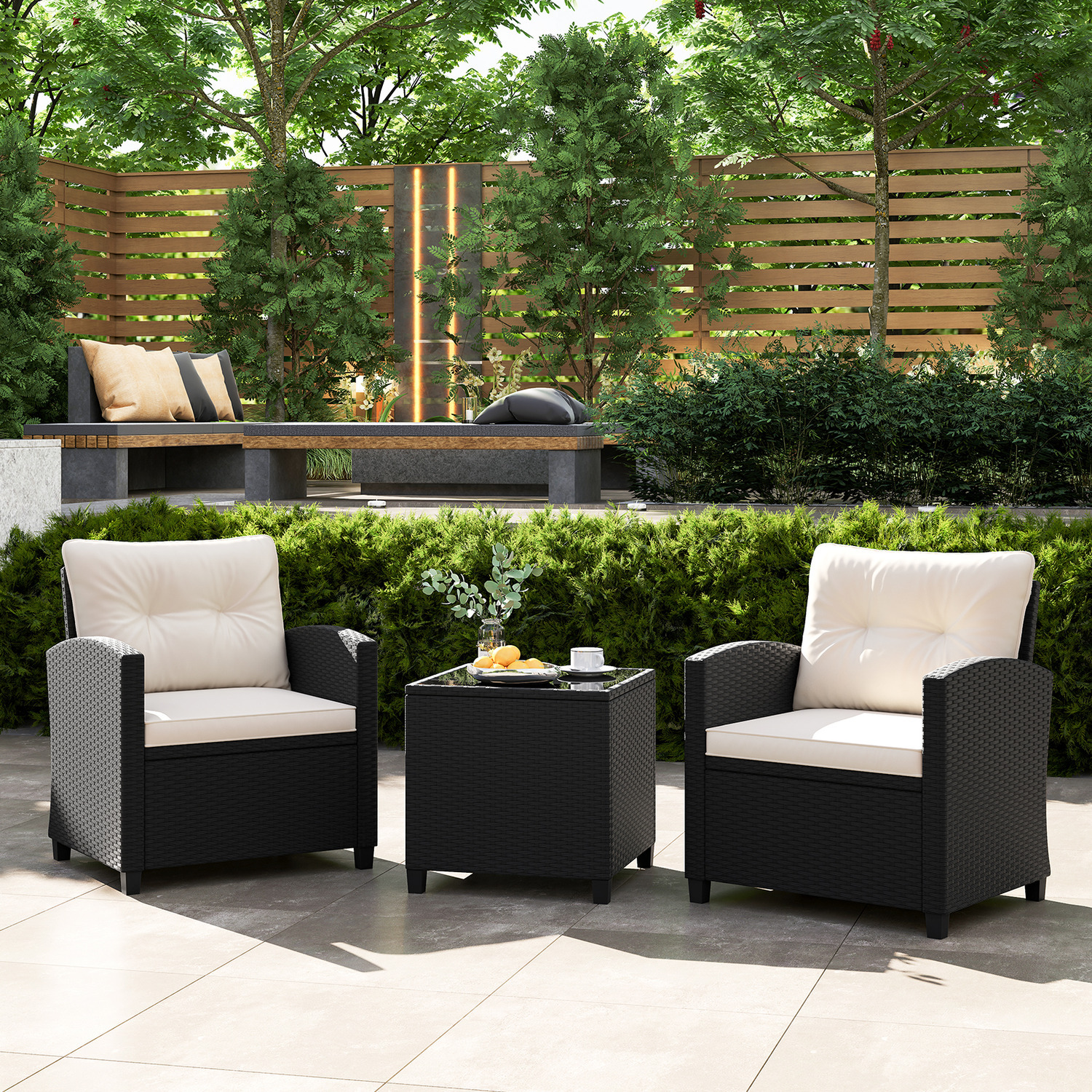 3 Piece Rattan Conversation Set - White
