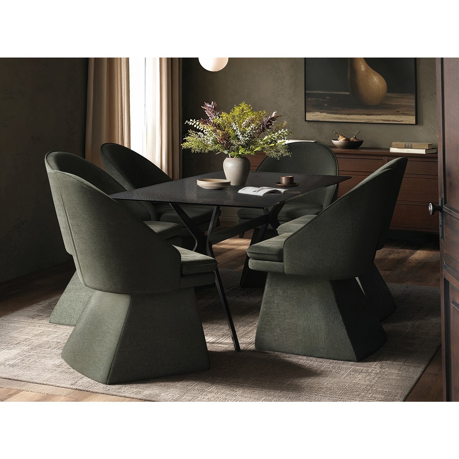 Emil Glass Dining Table with 6 Aiko Chairs Set - Black + Green
