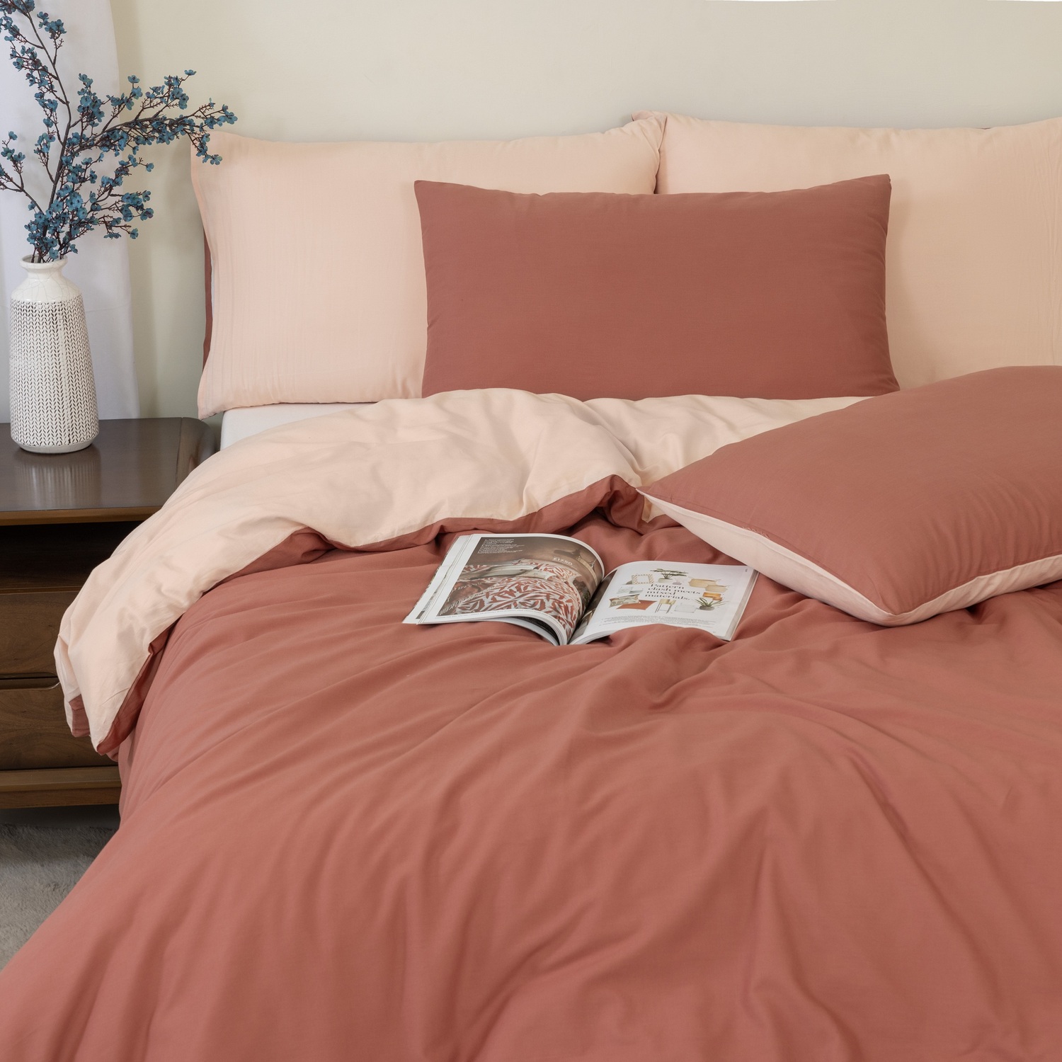 Mhg Living Reversible Terracotta King Duvet Cover Set - Premium 100% Cotton Percale, Button Closure