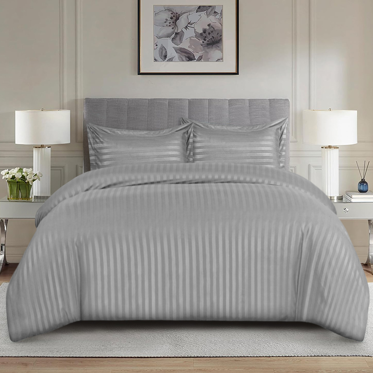 3Pcs Stripe Duvet Cover Set With Pillowcase - Grey / Superking
