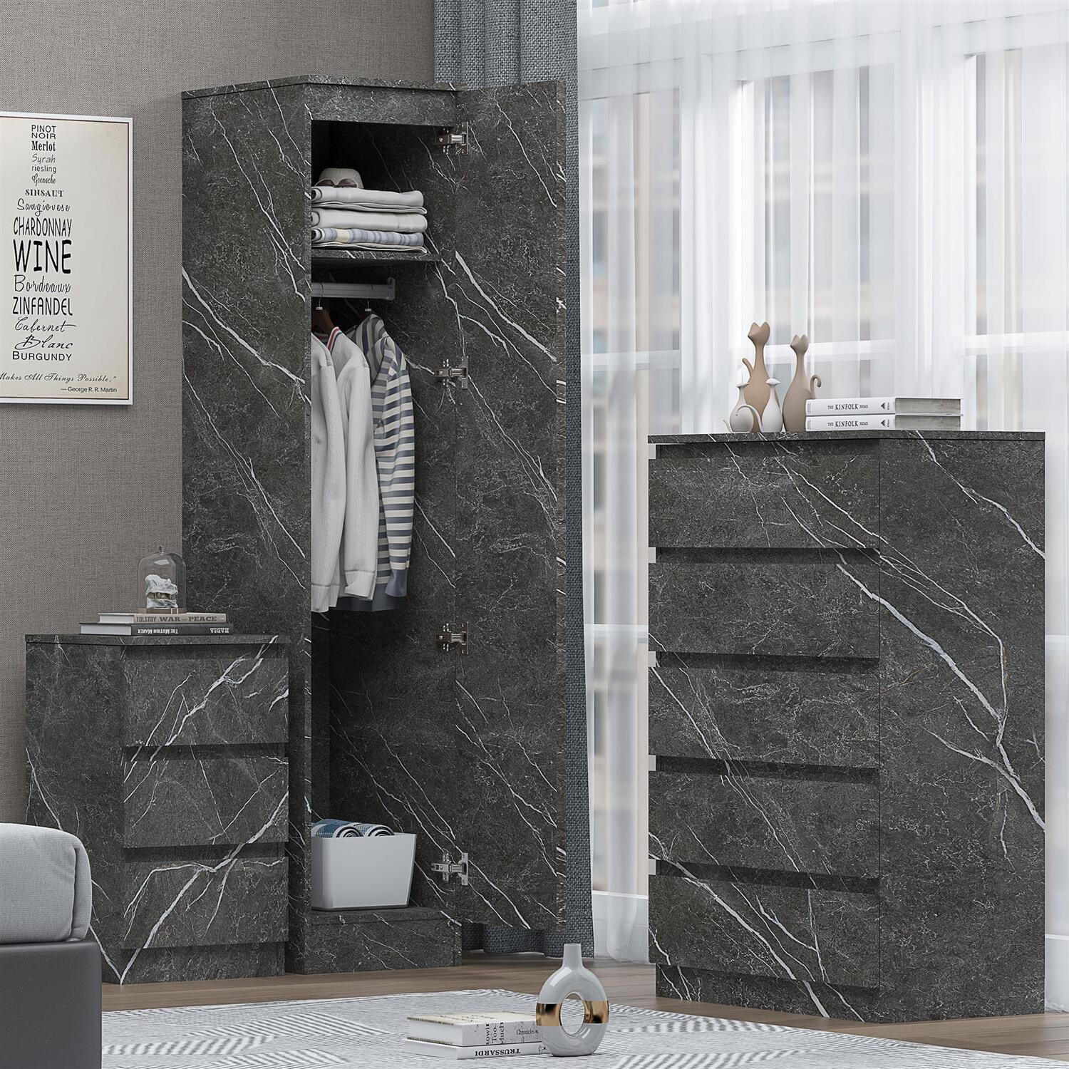 ZITA - 3 Piece Set - 1 Door Wardrobe + Tall Chest + 3 Drawer Bedside in Grey Marble Effect - Grey Marble Effect
