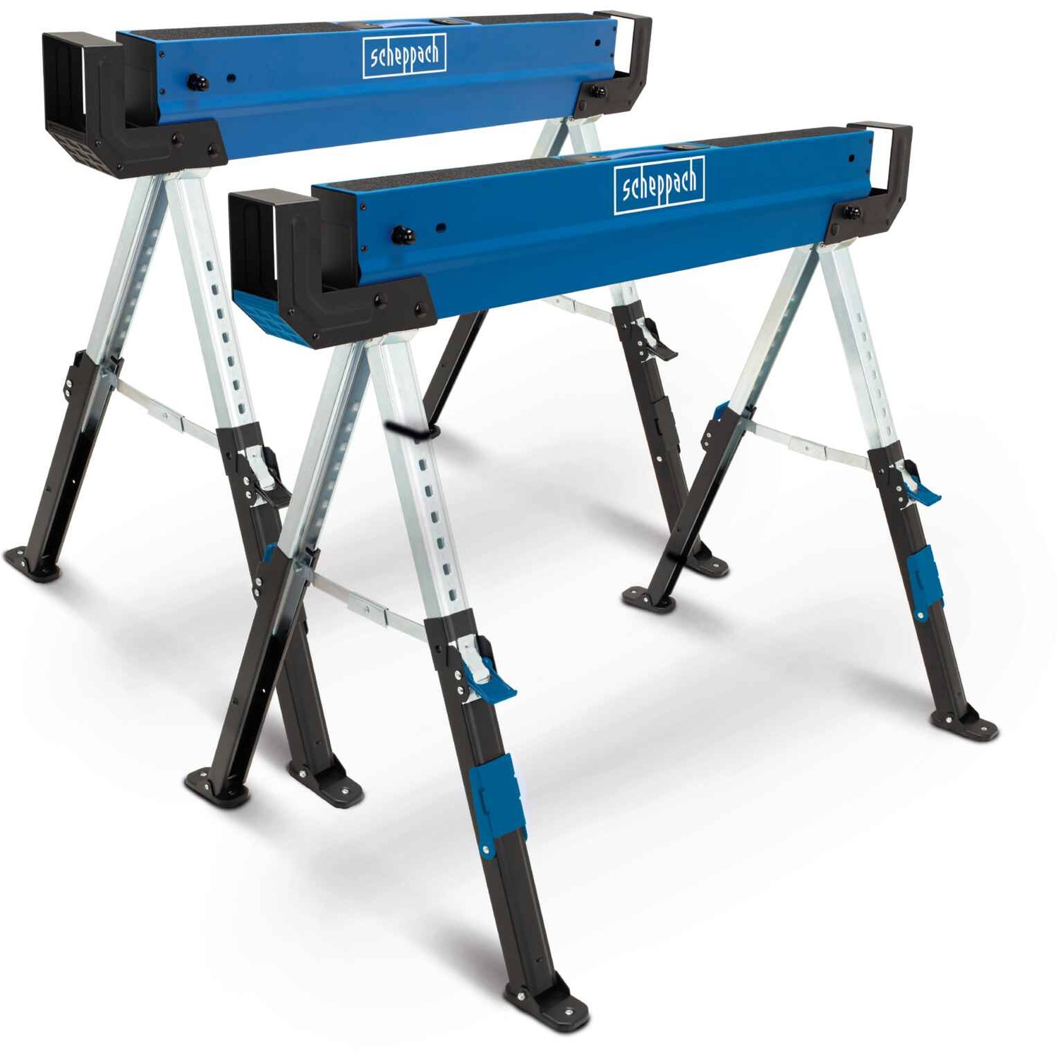 Scheppach MWB600 Saw Horse - Foldable Steel Work Stand, Adjustable Height 61.8¿82 cm, 589 kg Load - Blue