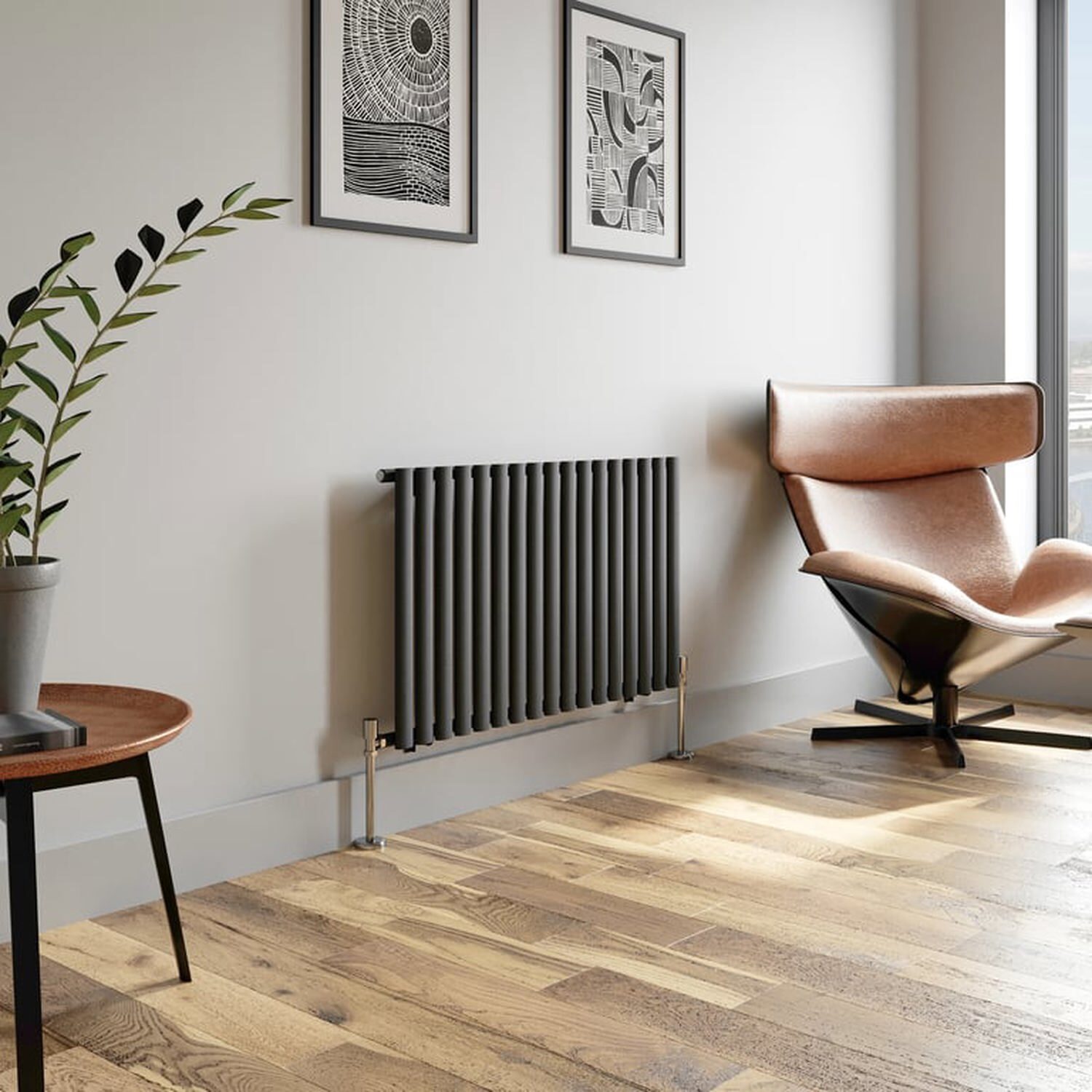 Temprazo Horizontal Oval Tube Double Panel Designer Radiator - 600 X 1440Mm Anthracite - Grey / 600Mm / 1020Mm / 55Mm