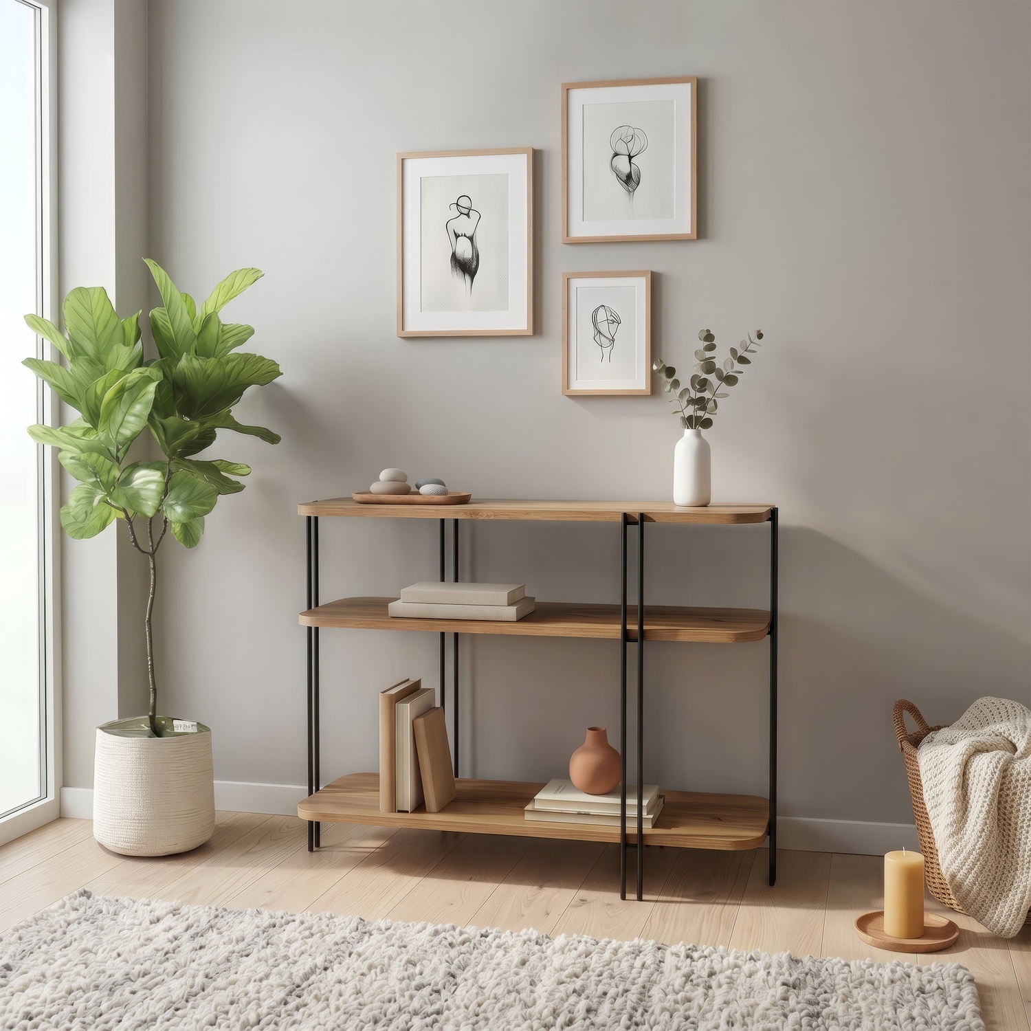 Decortie Notus Whiskey Oak 2 Shelf Metal Frame Open Console Table - Image 4