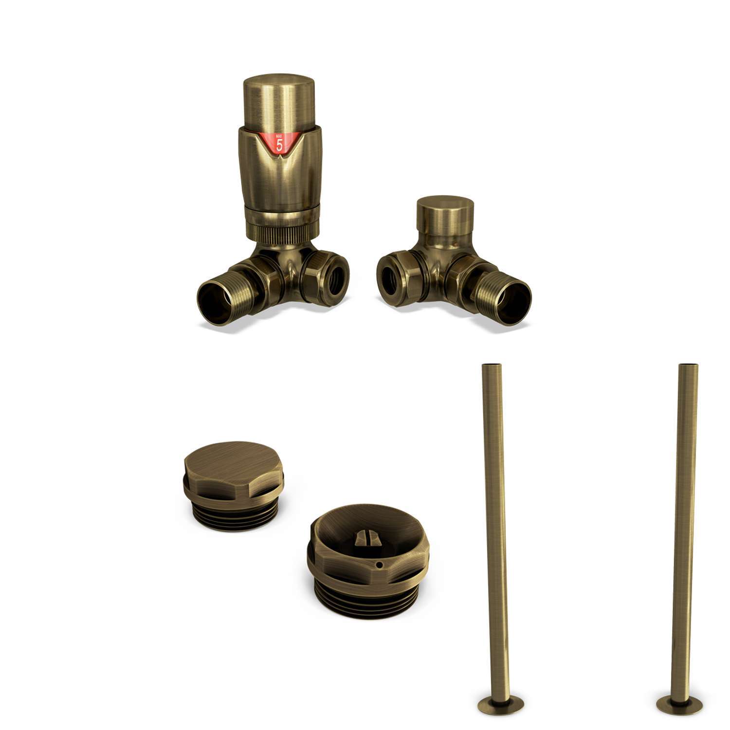 Uk Radiators Stirling Bold - Thermostatic Radiator Valve & Installation Kit - Polished Brass Corner - Antique Brass / 76Mm / 123Mm
