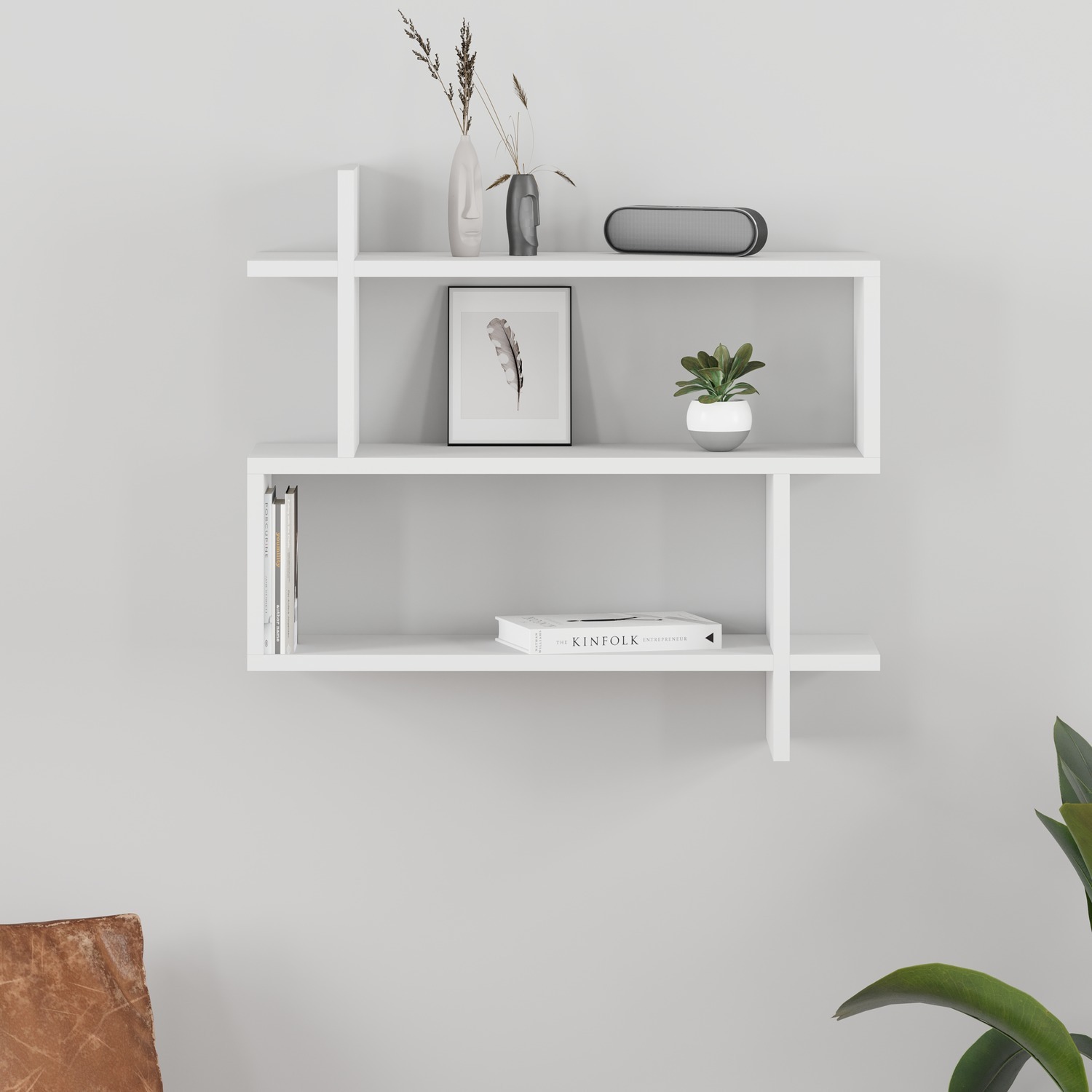 Decortie Paralel Wall Mounted Modern 2-Tier Bookcase Display Unit - White