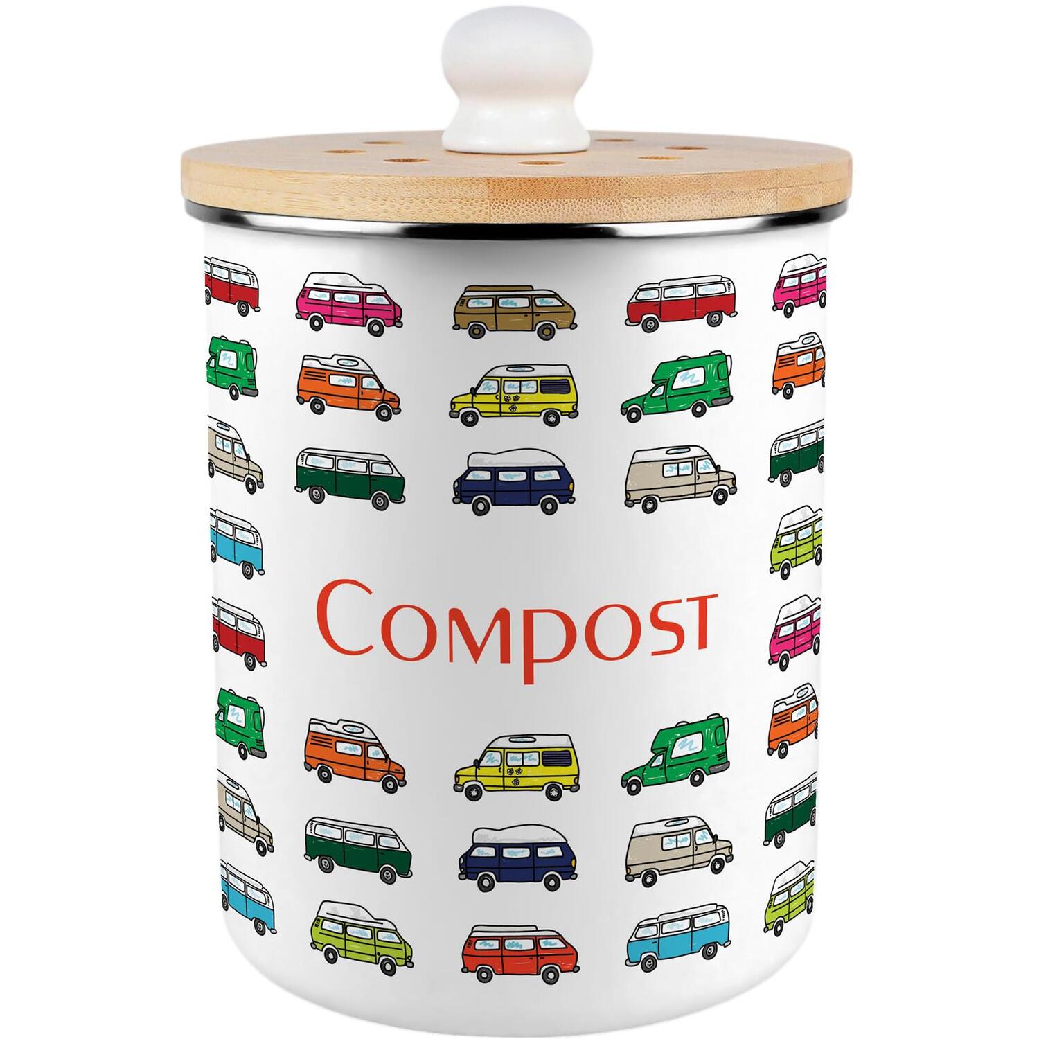 Purely Home Campervan Print Compost Caddy - Metal 2L Decorative Kitchen Food Waste Bin - Red