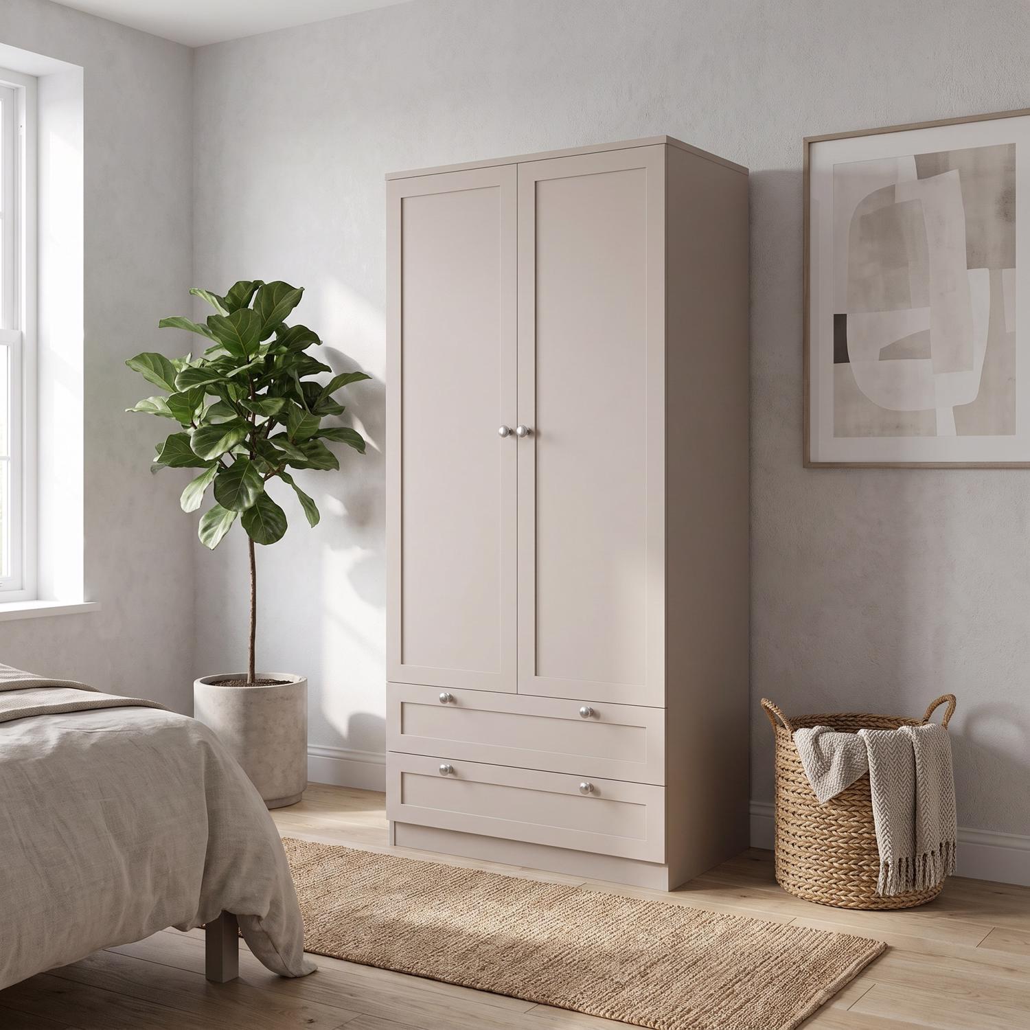 FWStyle Artus Beige Panelled Wardrobe 2 Door 2 Deep Drawer Scratch Resistant - Image 2