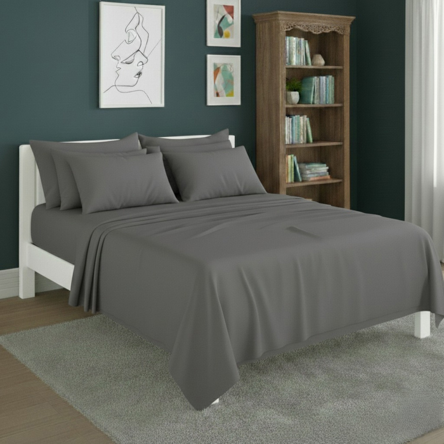 Snug City Plain Poly Cotton Easy Care Fitted Flat Sheet Matching Pillowcases Set in Grey | Size: Double