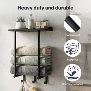 Towel Rack Wall Mounted Shelf Bathroom Storage Holder with Hooks