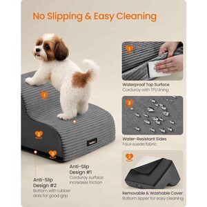 Corduroy Two Step Pet Stairs for Bed and Sofa, Waterproof Dog Steps with Washable Cover, Slate Grey