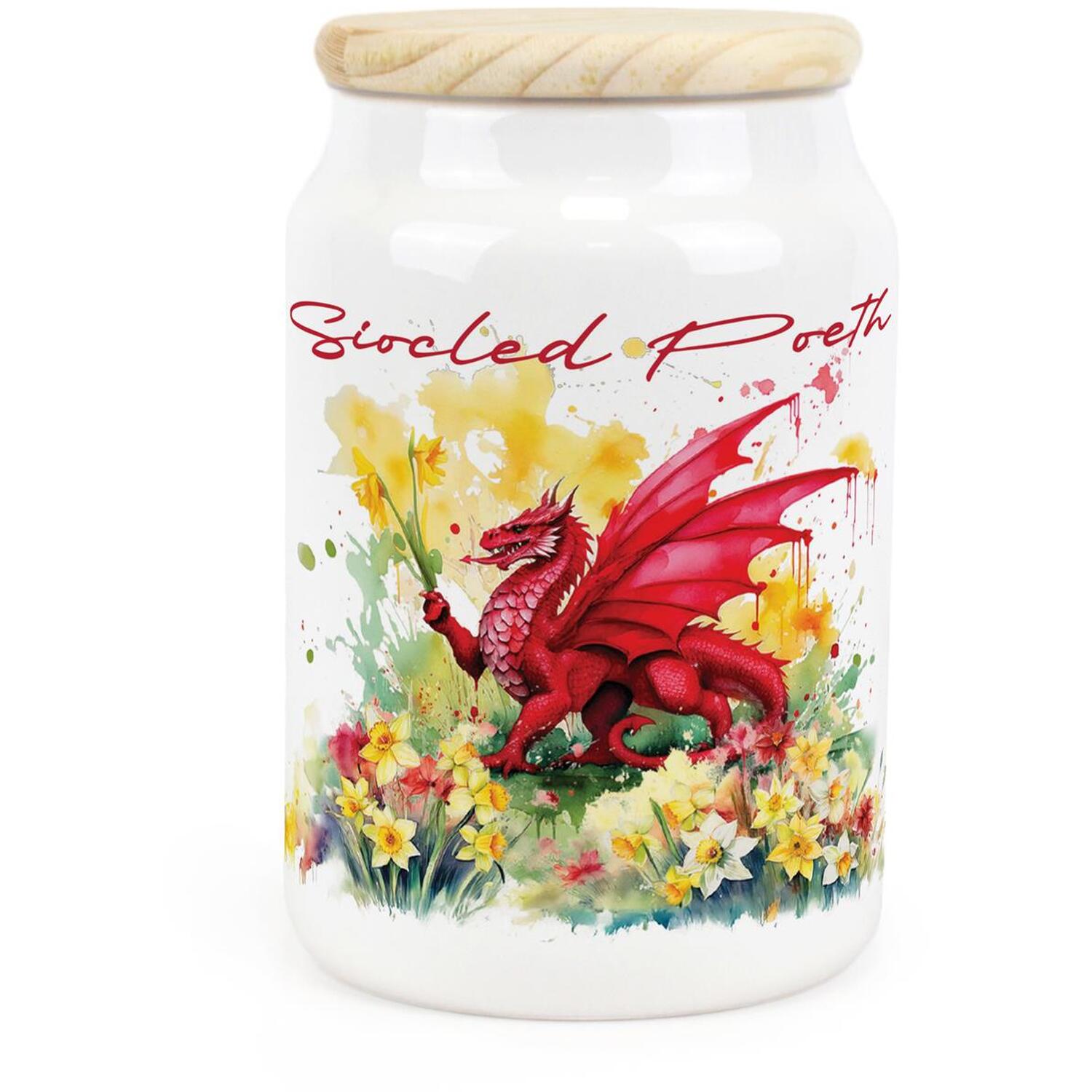 Purely Home Welsh Dragon & Daffodils Ceramic Siocled Poeth Storage Canister (Hot Chocolate) - Red