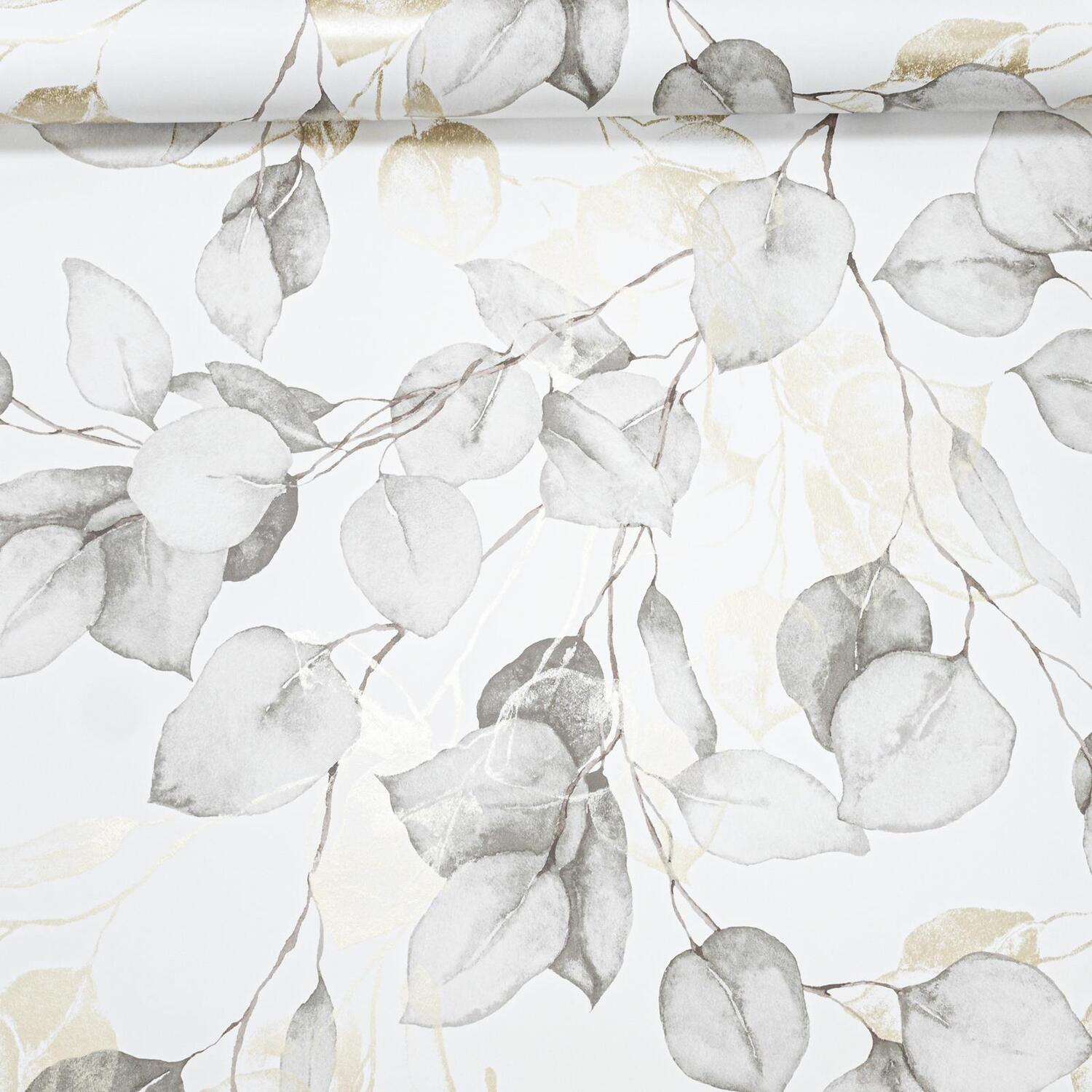 B&Q -  Grey Natural Floral Wallpaper White Gold Metallic Grey Eucalyptus Leaves Smooth - Image 4