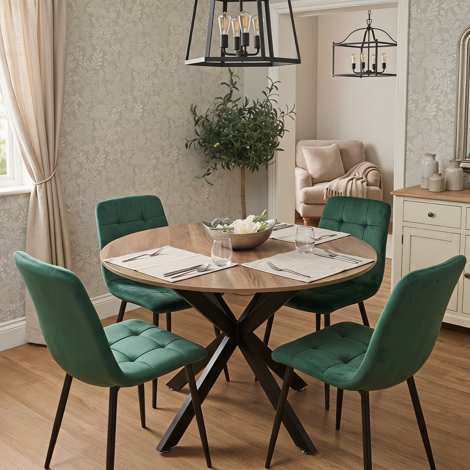 4 Seater Round Dining Table with Wood Effect Tabletop Black Metal X Shaped Legs & 4 Velvet Chairs for Kitchen Dining Room Furniture Set - Image 2