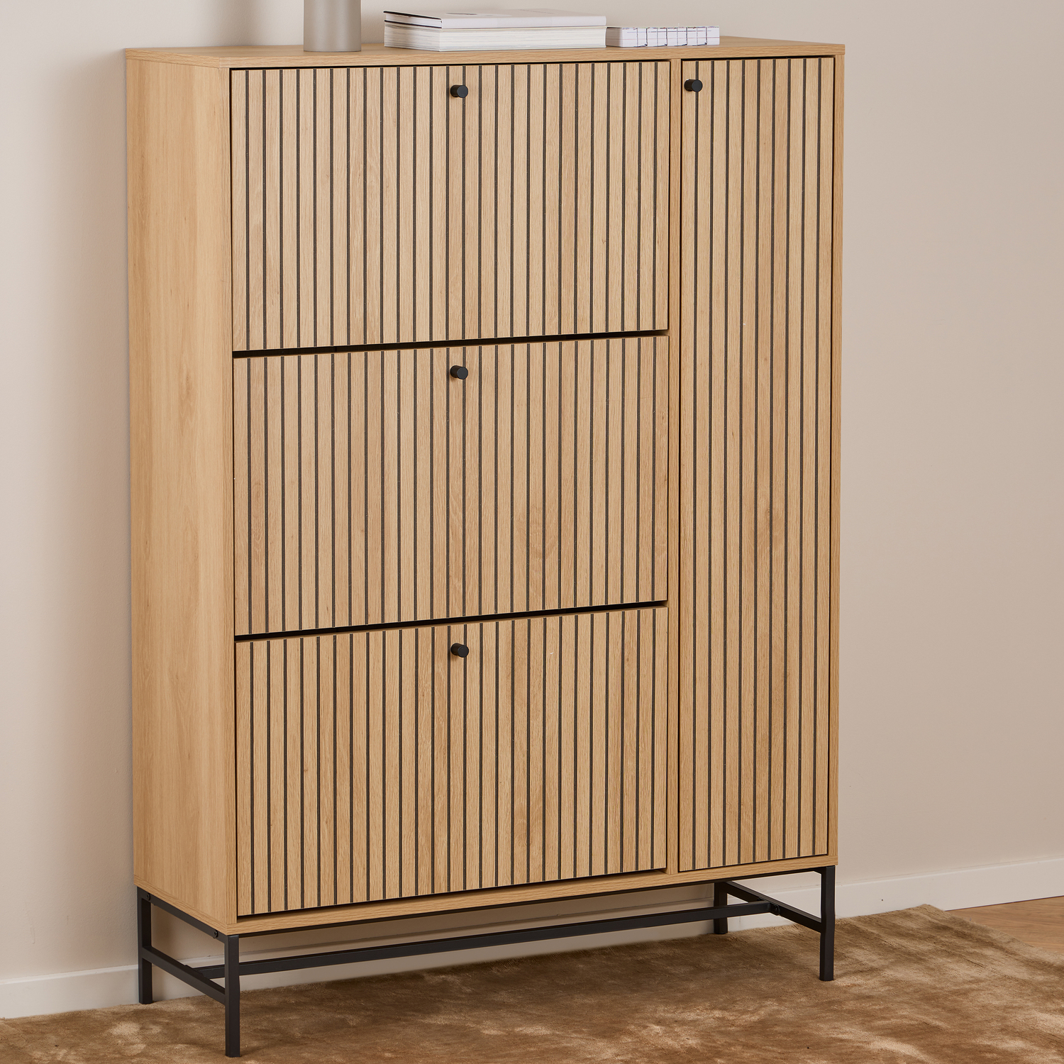 Furniture To Go Albany Shoe Cabinet 3 Flip Down Doors 1 Pull Open Door In Oak/Black Legs - Oak & Black