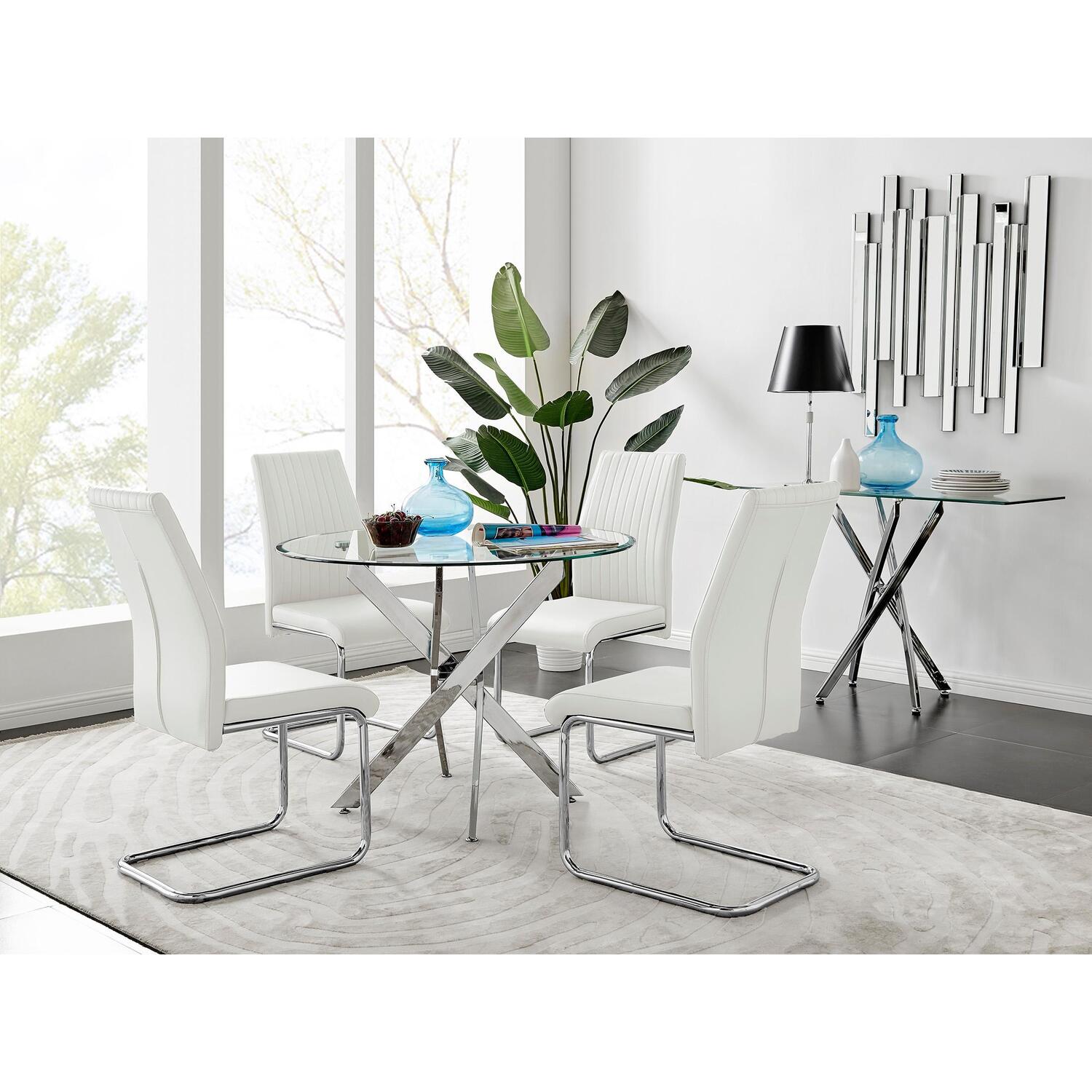 Furnitureboxuk Novara Round Glass Dining Table With 4 Lorenzo Chrome Chairs - White