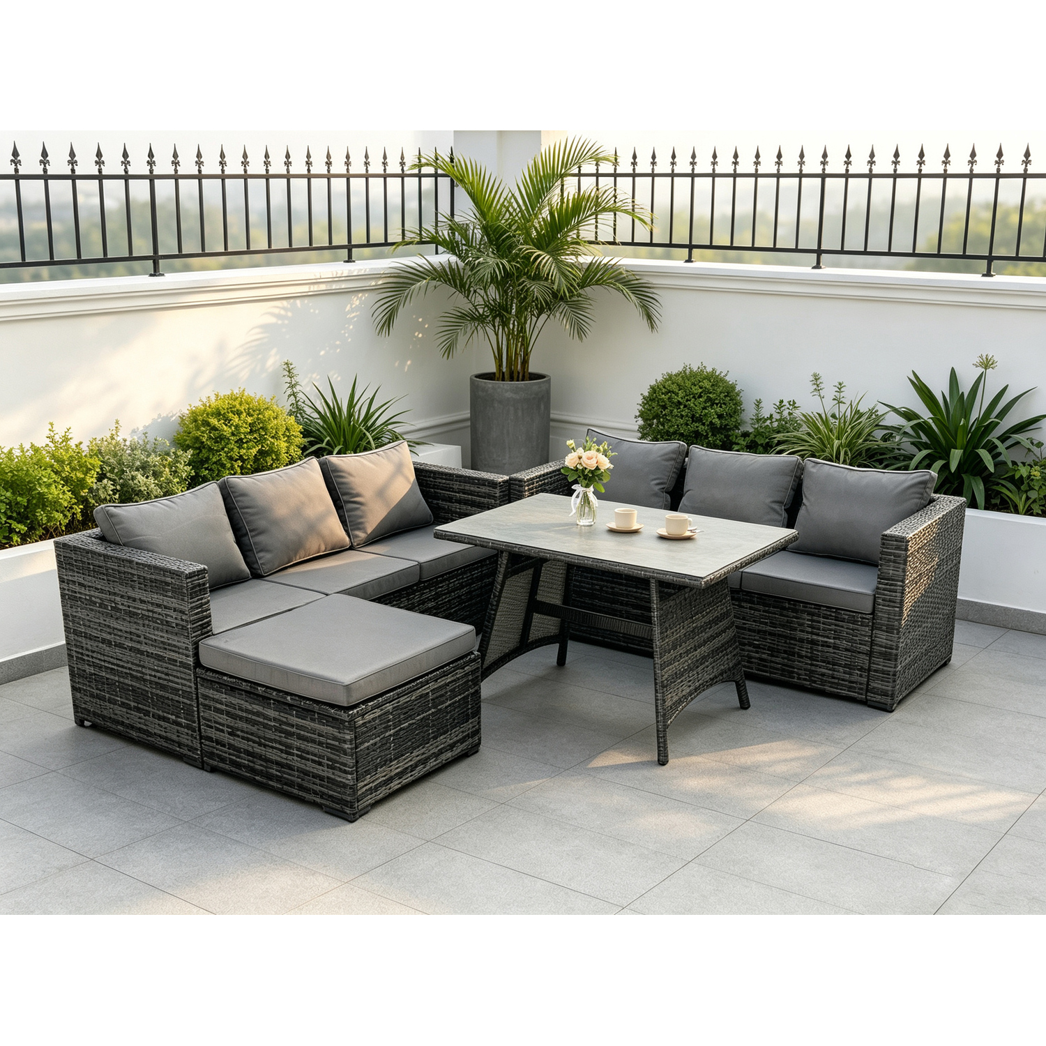 Fimous Unisex Dark Grey Seater Rattan Outdoor Furniture Sofa Garden Dining Set With Oblong Dining Table Big Footstool Size 7 - Image 2