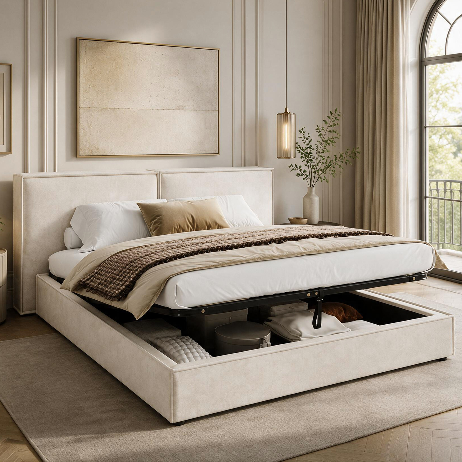 Aka Ottoman Storage Bed With Split Headboard - Cream