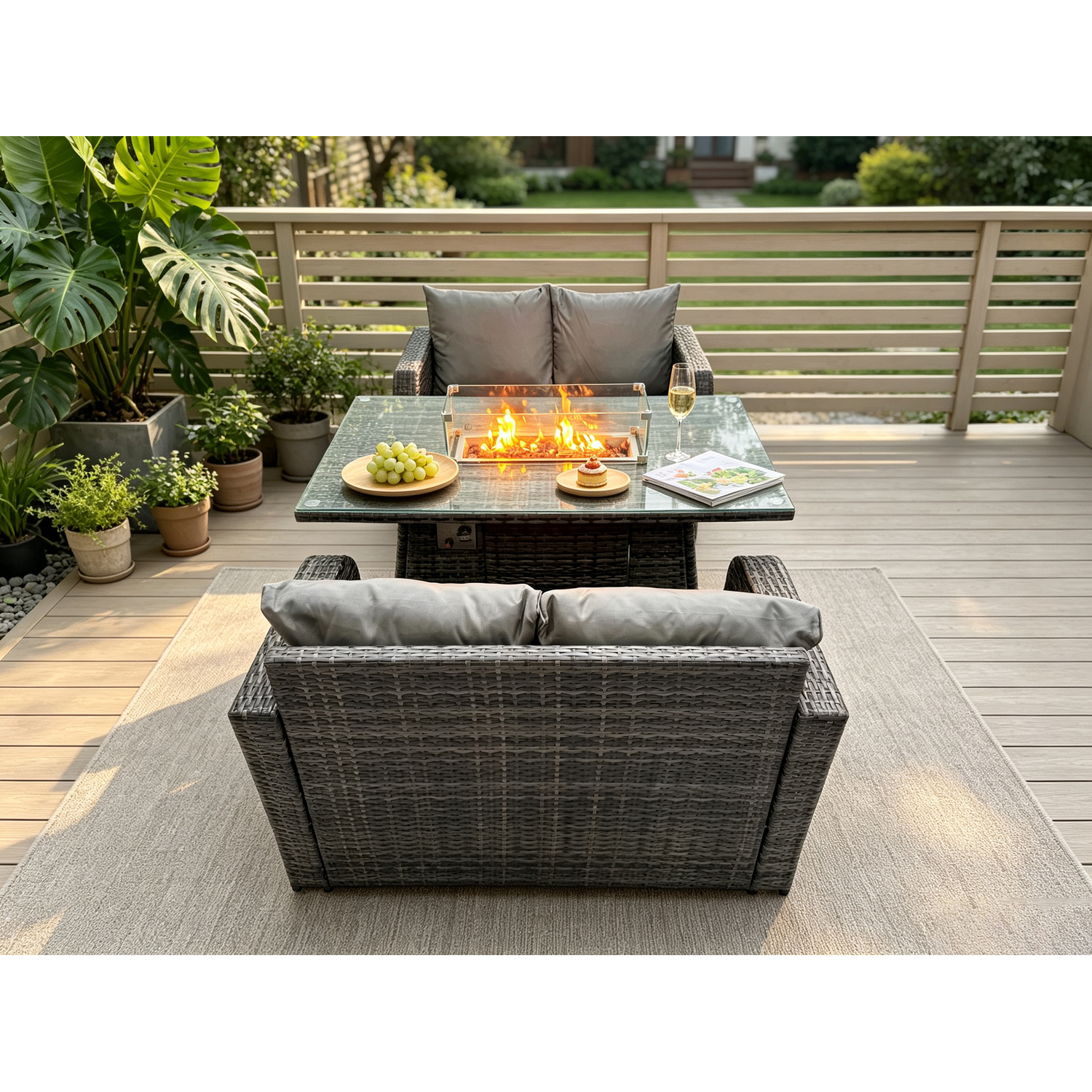 Fimous Unisex Dark Grey Rattan Garden Furniture Set With Gas Fire Pit Dining Table Indoor Outdoor Piece Set In Size 3 - Image 2