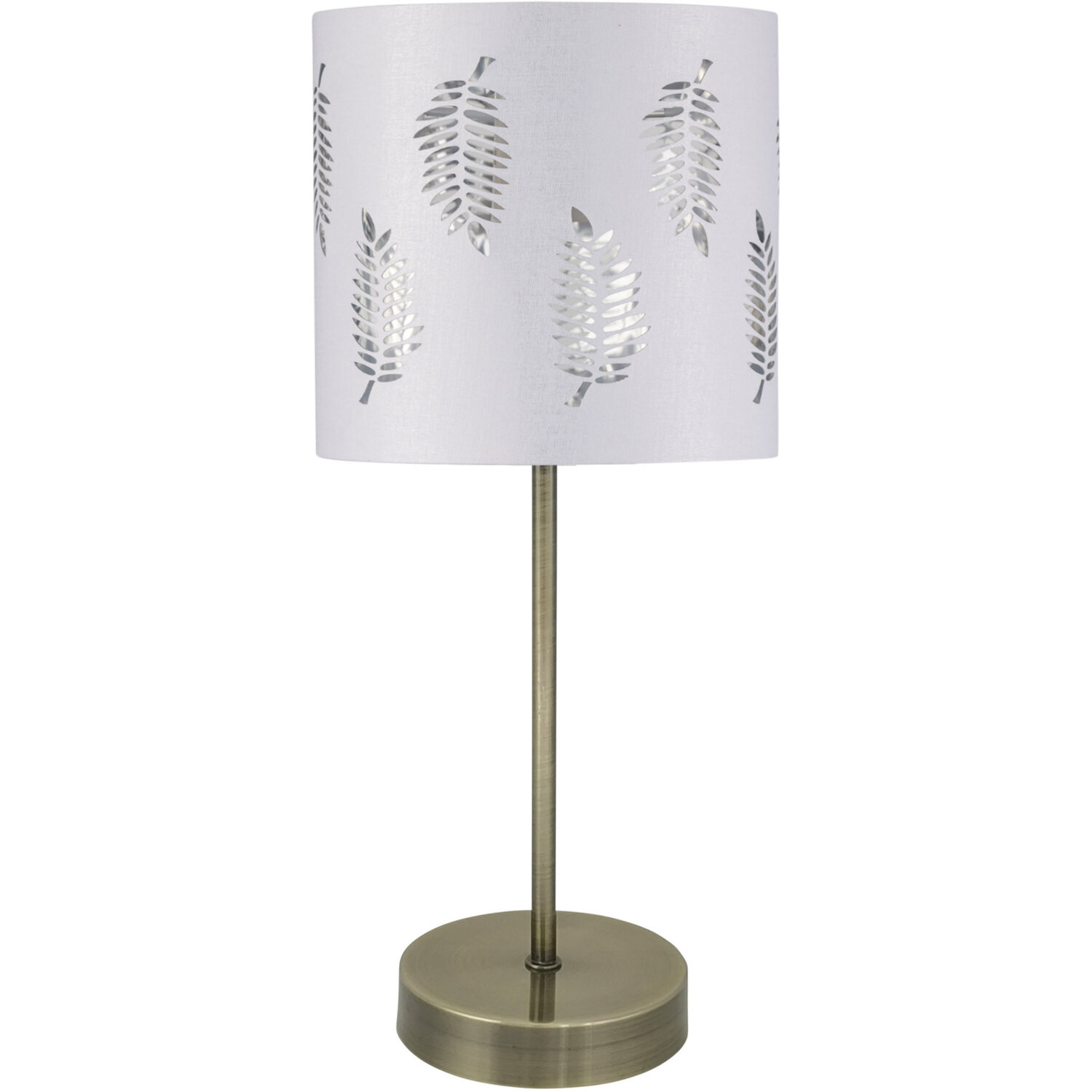 First Choice Lighting Antique Brass Stick Table Lamp With White Fern Shade - Antique Brass & White