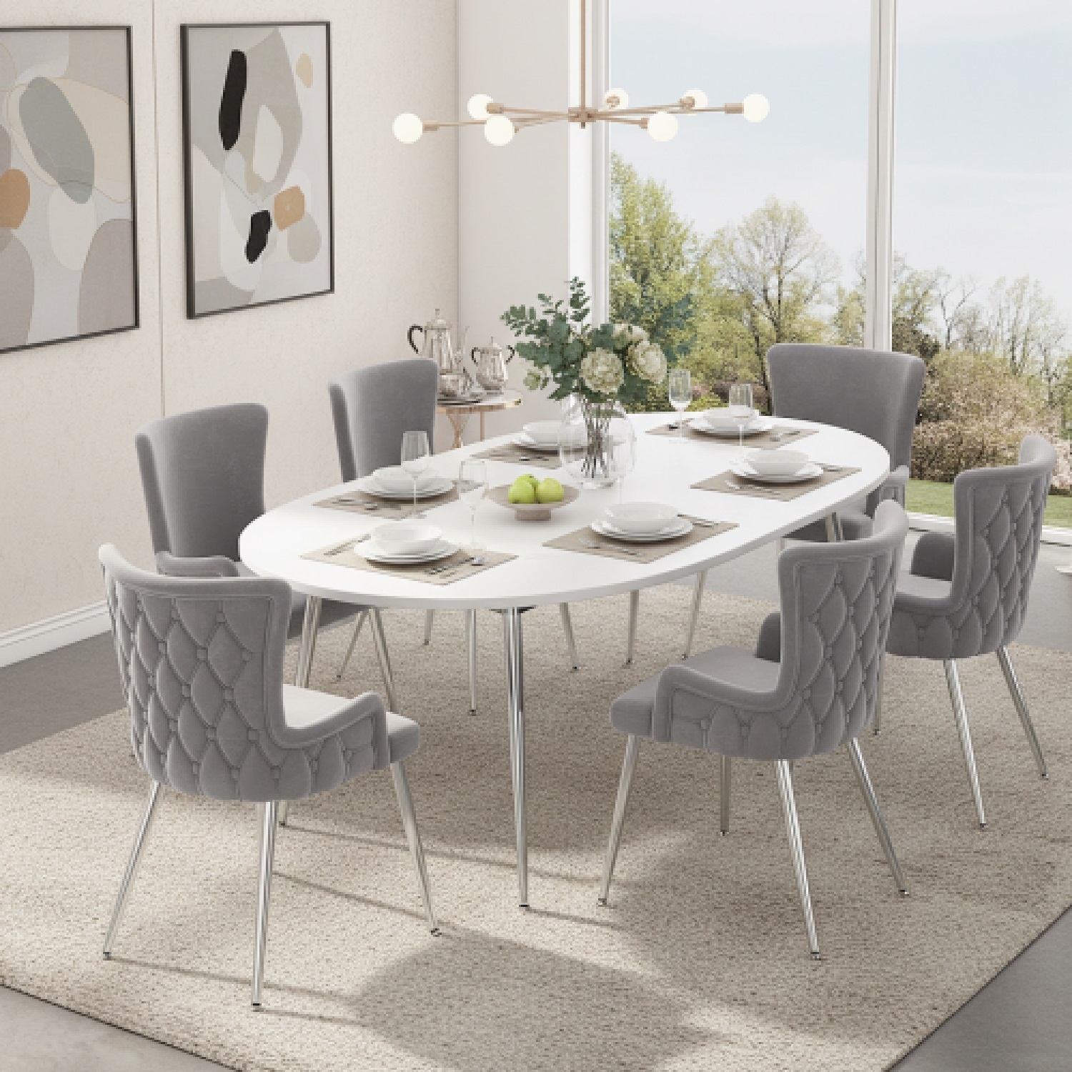 Aka Velvet Dining Chair, Luxurious Lounge Chair With Four Silver-Coloured Metal Legs, Grey, Set Of 6 - Grey