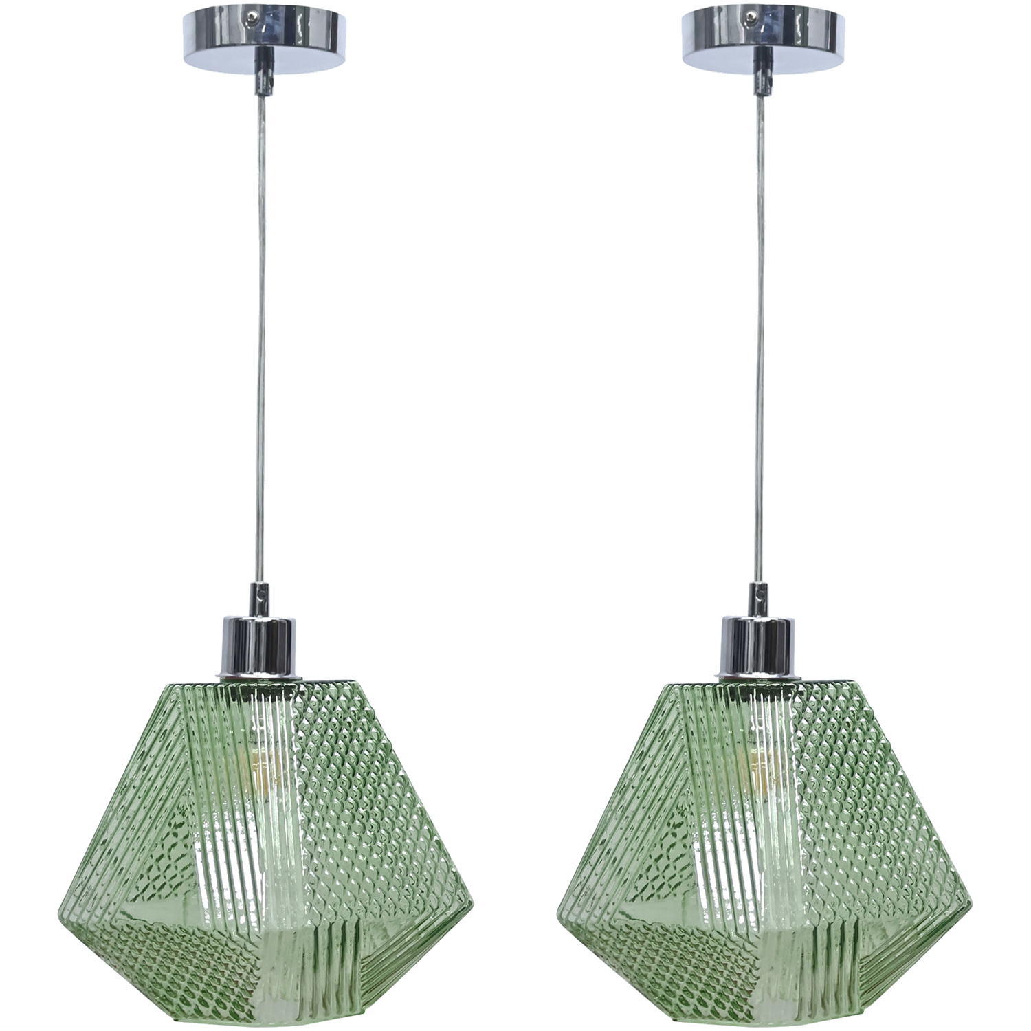 First Choice Lighting Set Of 2 Lens Chrome With Green Textured Glass Pendant Lights - Chrome & Green