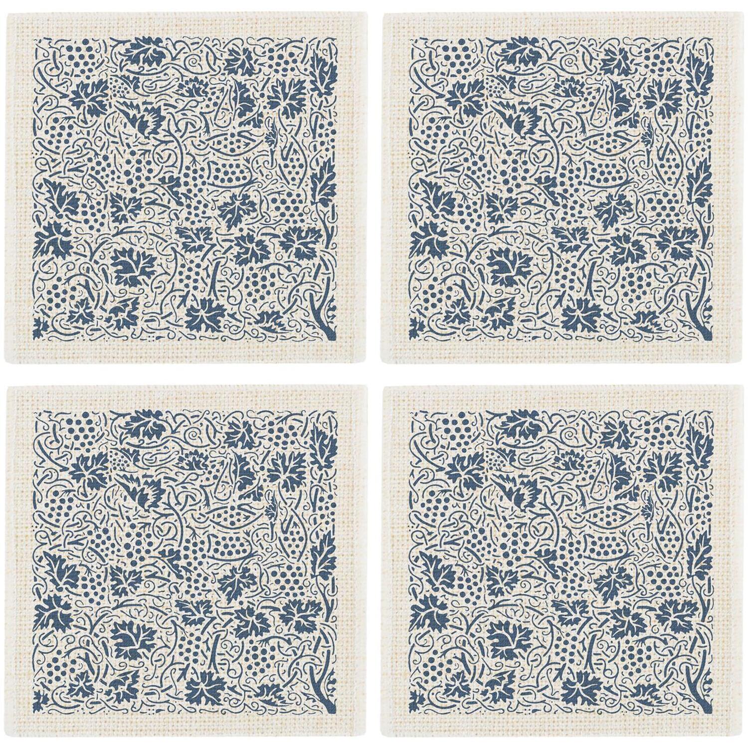 Purely Home Oak Leaves & Berries Fabric Coasters - Blue Table Decor Gift, Set Of 4 - Blue