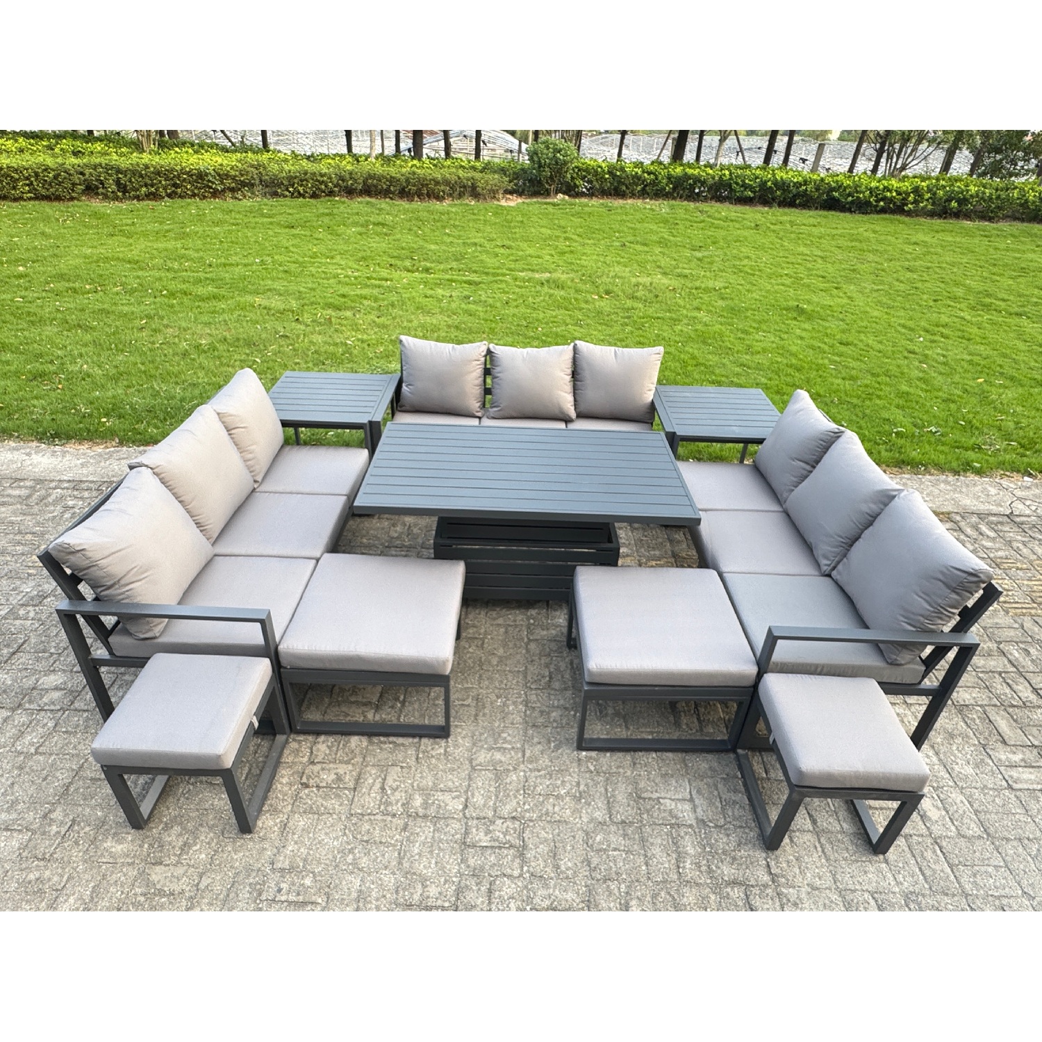 B&Q - Aluminum Outdoor Patio Furniture Set With Adjustable Rising Lifting Dining Table 4 Footstools 2 Side Tables Dark Grey - Image 3