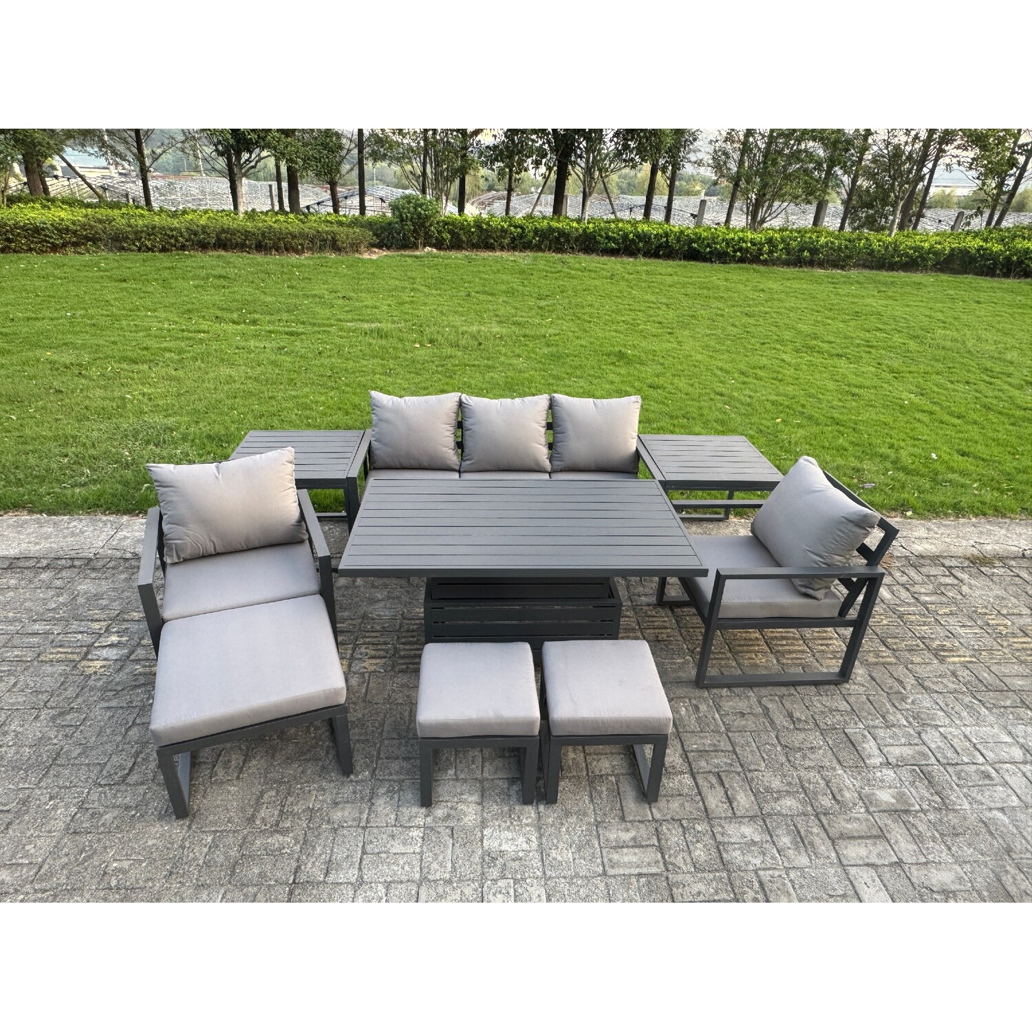 Rackhams Grey 8 Seater Aluminium Garden Furniture Set With Adjustable Rising Dining Table, 2 Chairs, 3 Footstools, 2 Side Tables - Image 2
