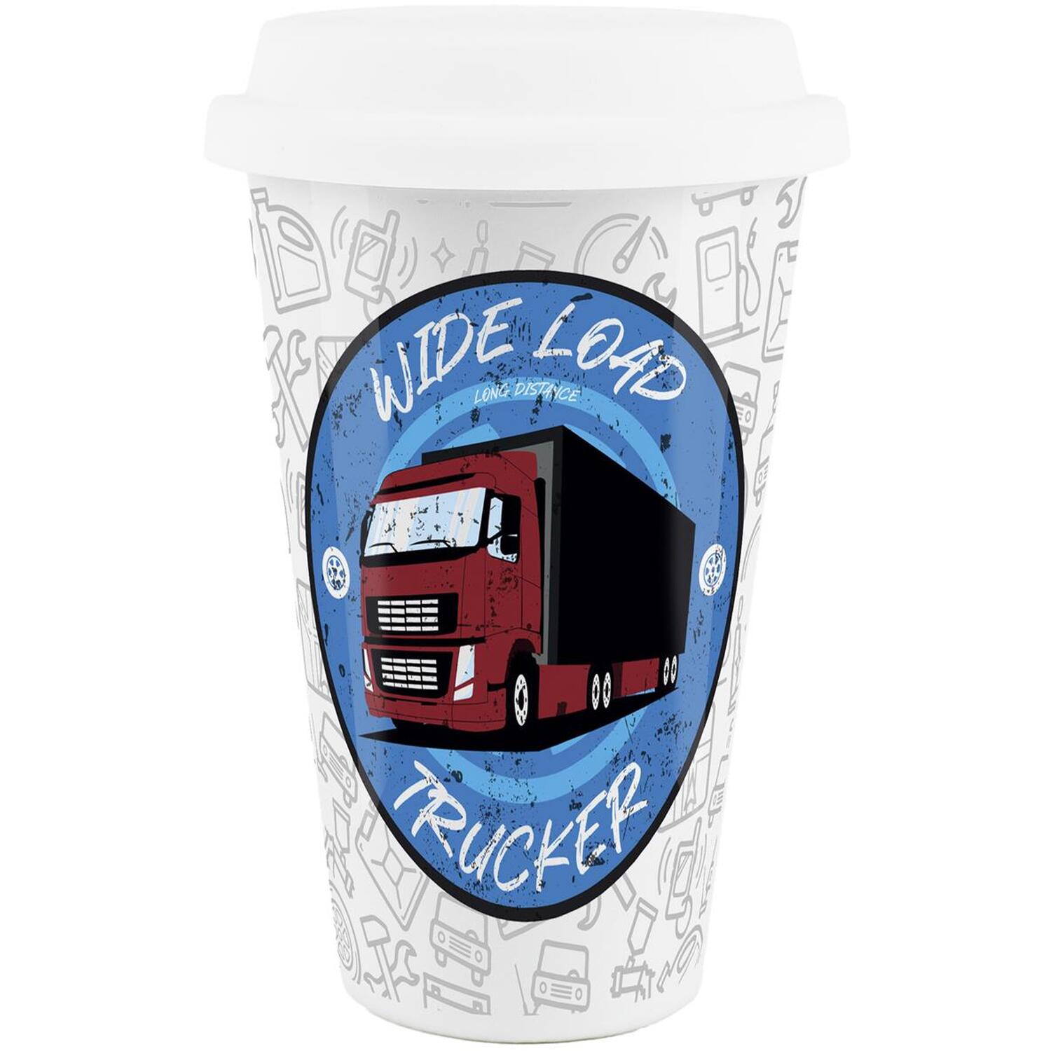 B&Q - Wide Load Trucker Ceramic Travel MugNovelty Gifts For Truck/lorry DriversSilicone Lid Double-Walled Insulated Drinks Cup - Image 2
